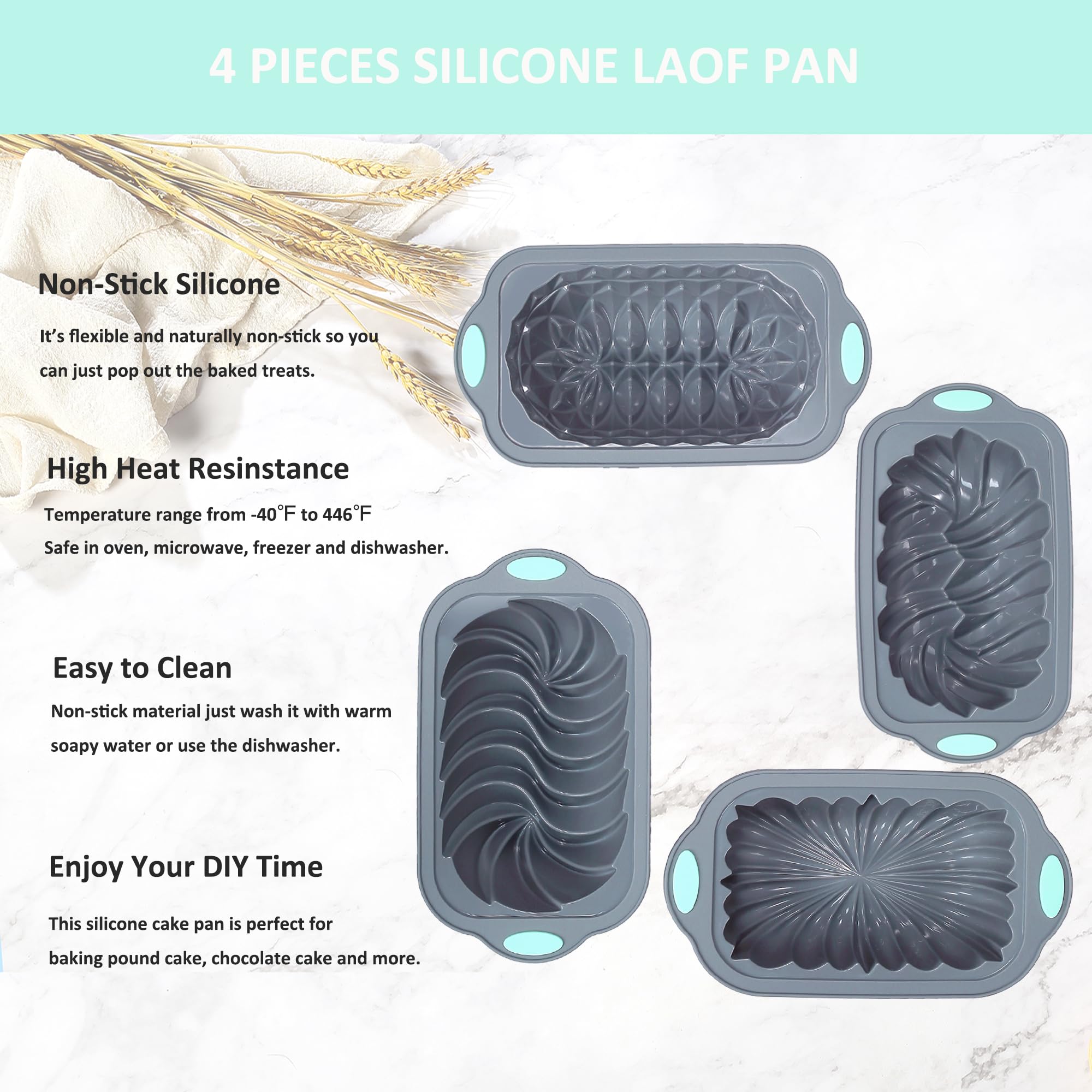 Tongjude 4 Piece Silicone Loaf Pan For Baking Bread, Non-Stick Kitchen Oven Bread Pan, Perfect For Banana Bread, Sandwich Bread,