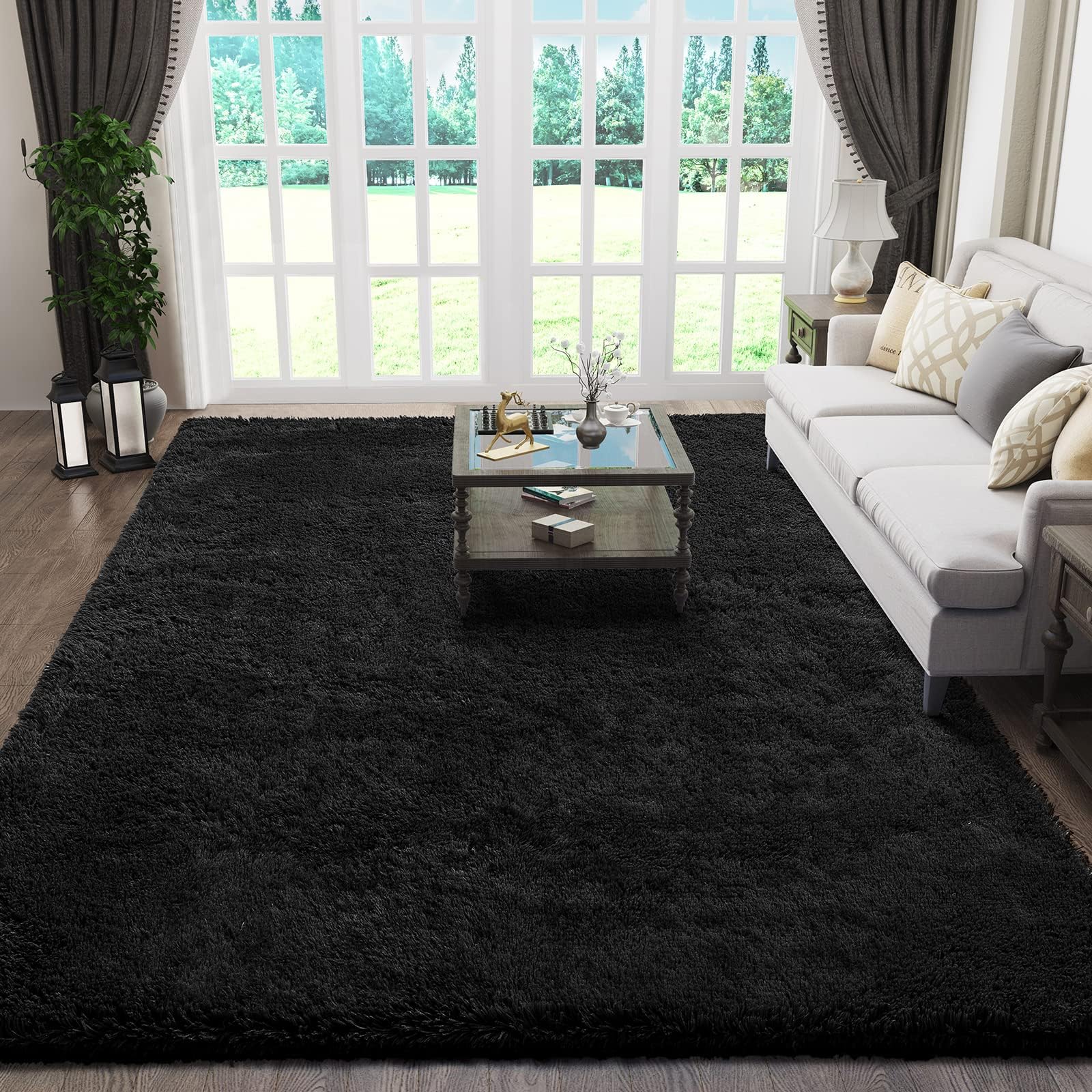 Ophanie Black Rugs for Living Room, Fluffy Furry Shaggy Fuzzy Area Rug, 5x8 Carpets for Bedroom Shag Plush Soft Large, Kids Home