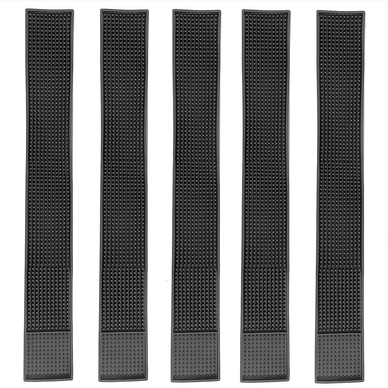 Kinjoek 5 Packs 3.2 X 24 Inch Rubber Bar Service Mat, Black Long Drink Coasters, Leakproof Non Slip Tabletop Protection Home Bar