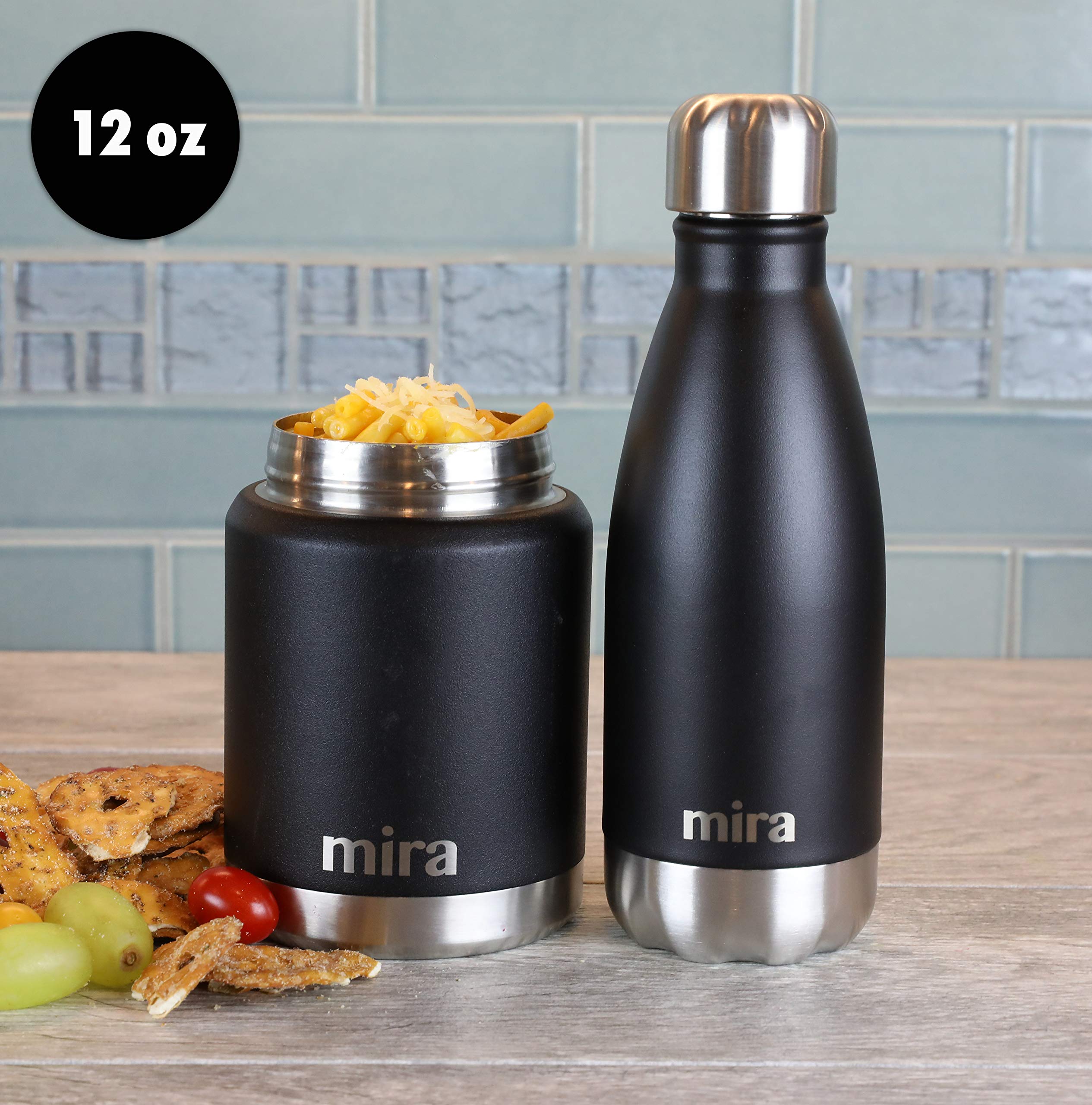 MIRA 12 oz Stainless Steel Vacuum Insulated Water Bottle - Double Walled Cola Shape Thermos - 24 Hours Cold  12 Hours Hot - Reusable Metal Water Bottle - Kids Leak-Proof Sports Flask - Matte Black