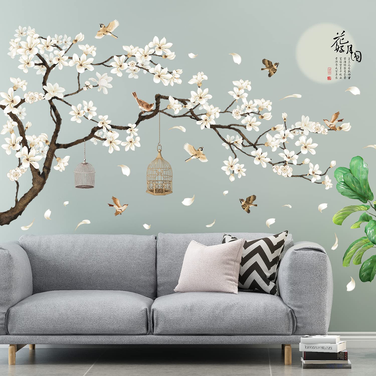 Livegallery White Peach Blossm Flowers Wall Decals Removable Diy Tree Branches Birds Saying Art Decor Wall Stickers Murals For L