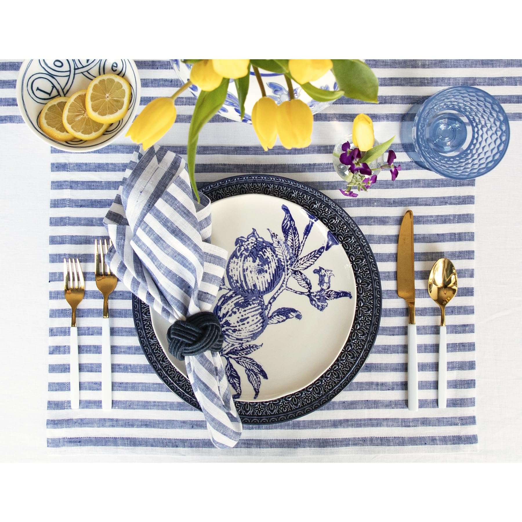 Solino Home Linen Placemats Set of 4 - Amalfi Stripe Navy and White Placemats 14 x 19 Inch - 100% Pure Linen Place Mats for Fall