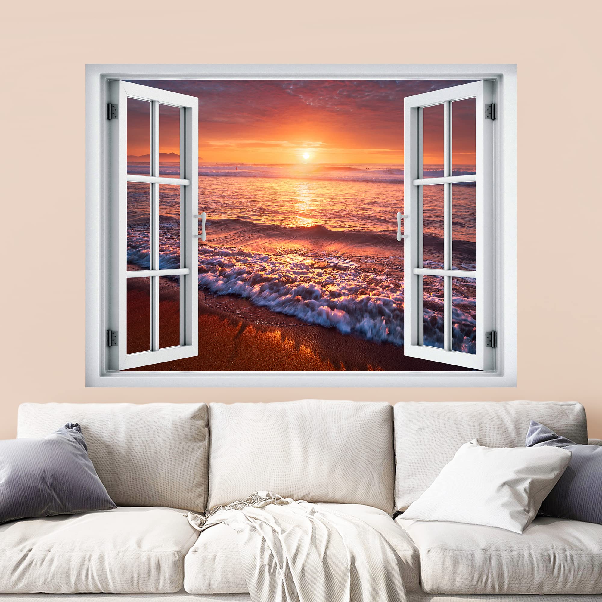 wall26 Removable Wall Sticker/Wall Mural Window View Vibrant Ocean Shore Seafoam Wave Sunset Nature Wilderness Photography Realism Landscape Multicolor for Living Room  Bedroom  Office - 36''x48''