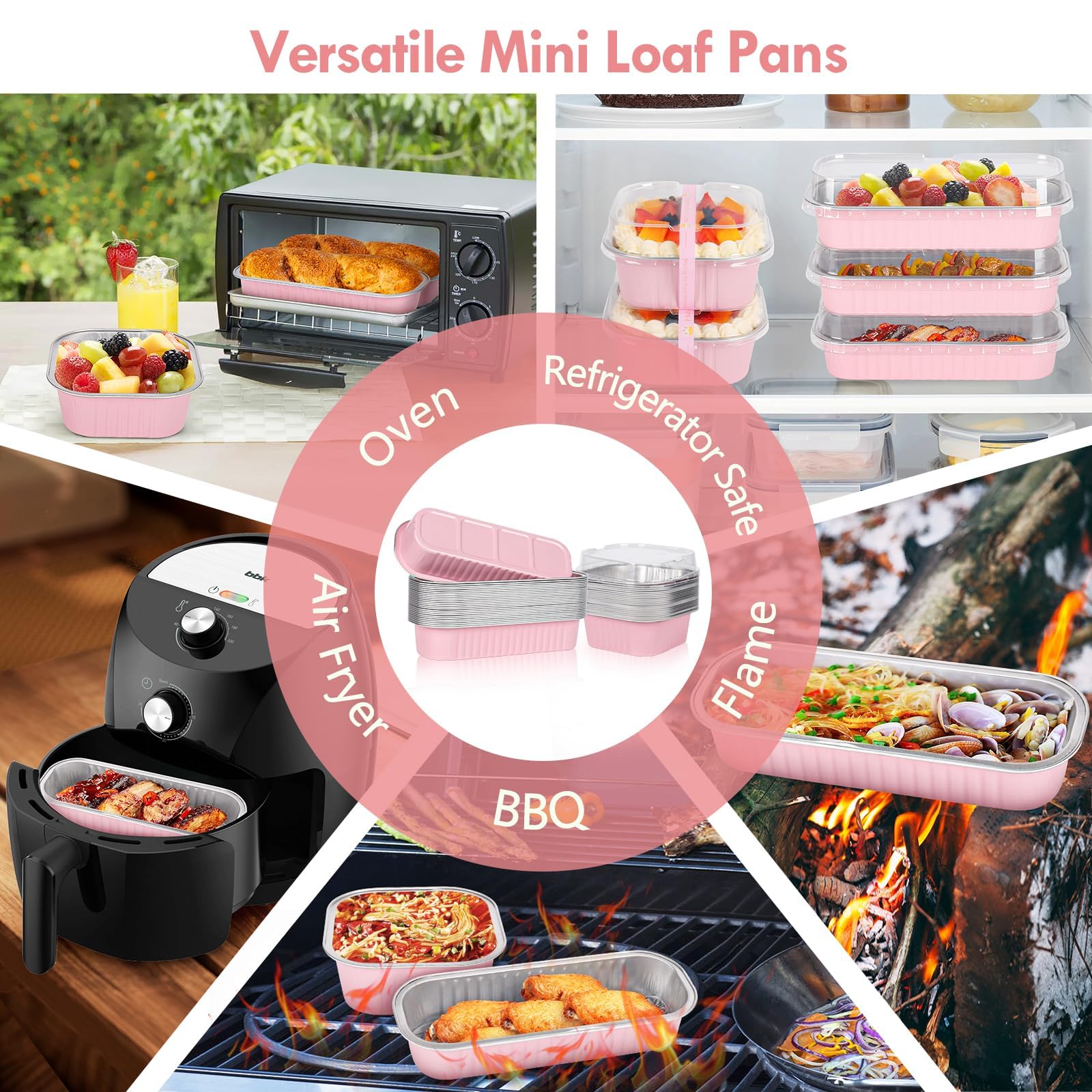 Yqer Mini Loaf Pans With Lids For Baking Bread Disposable, Mini Baking Pans With Lids And Spoons Pink Sticker, 50 Pcs 6.8Oz Mini