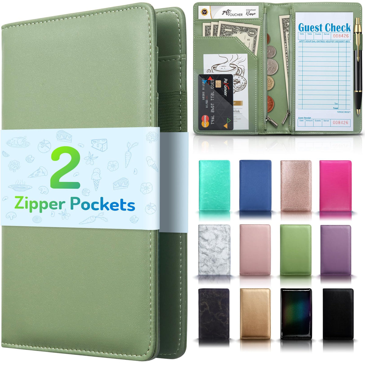 Server Book With 2 Zipper Pockets, Leather Server Books For Waitress, Waiter Book, Durable Waitress Book With Money Pocket And Z
