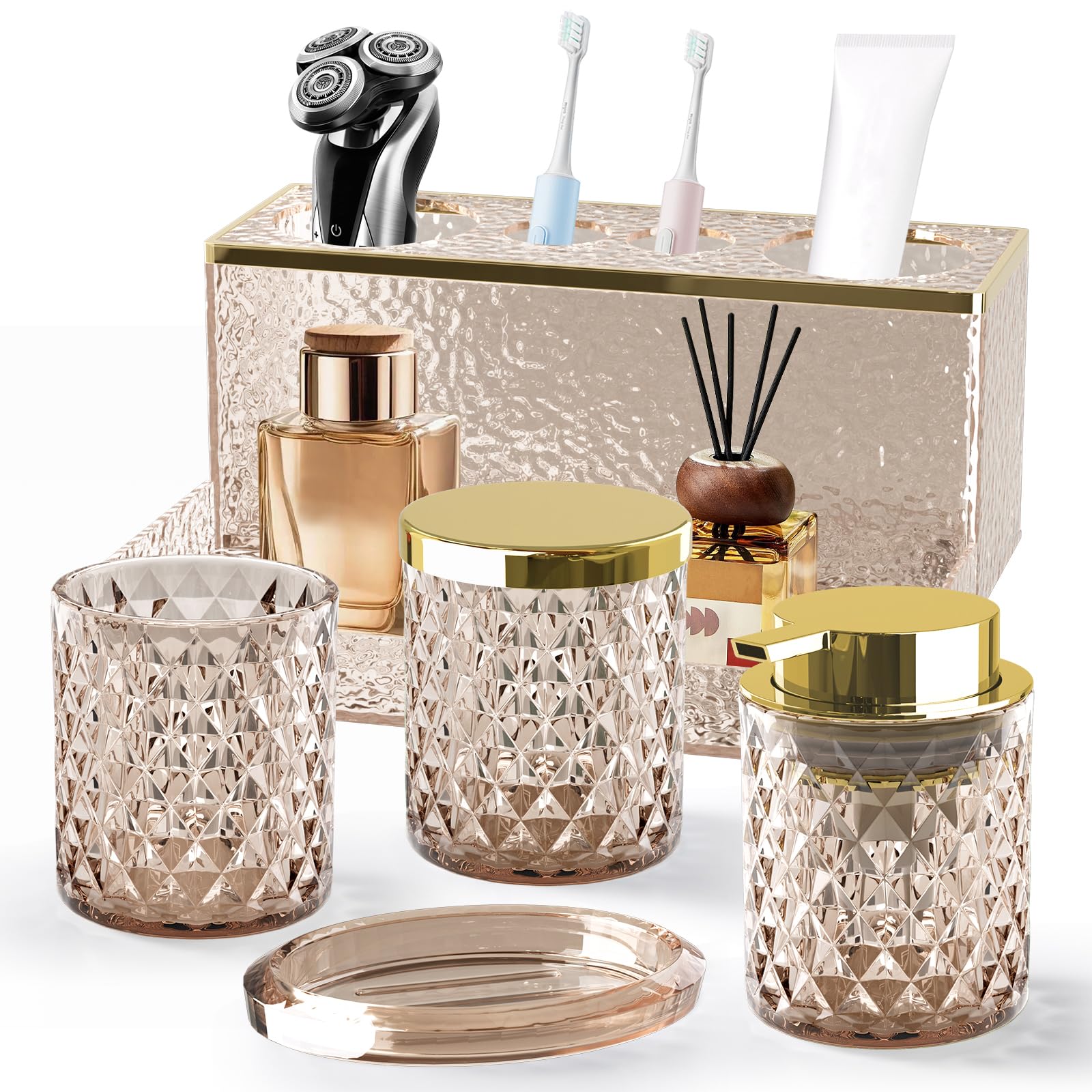 Glass Bathroom Accessories Set 5Pcs Crystal - Brown Foaming Soap Dispenser, Soap Dish, Cup, Acrylic Toothbrush Holder with Tray 