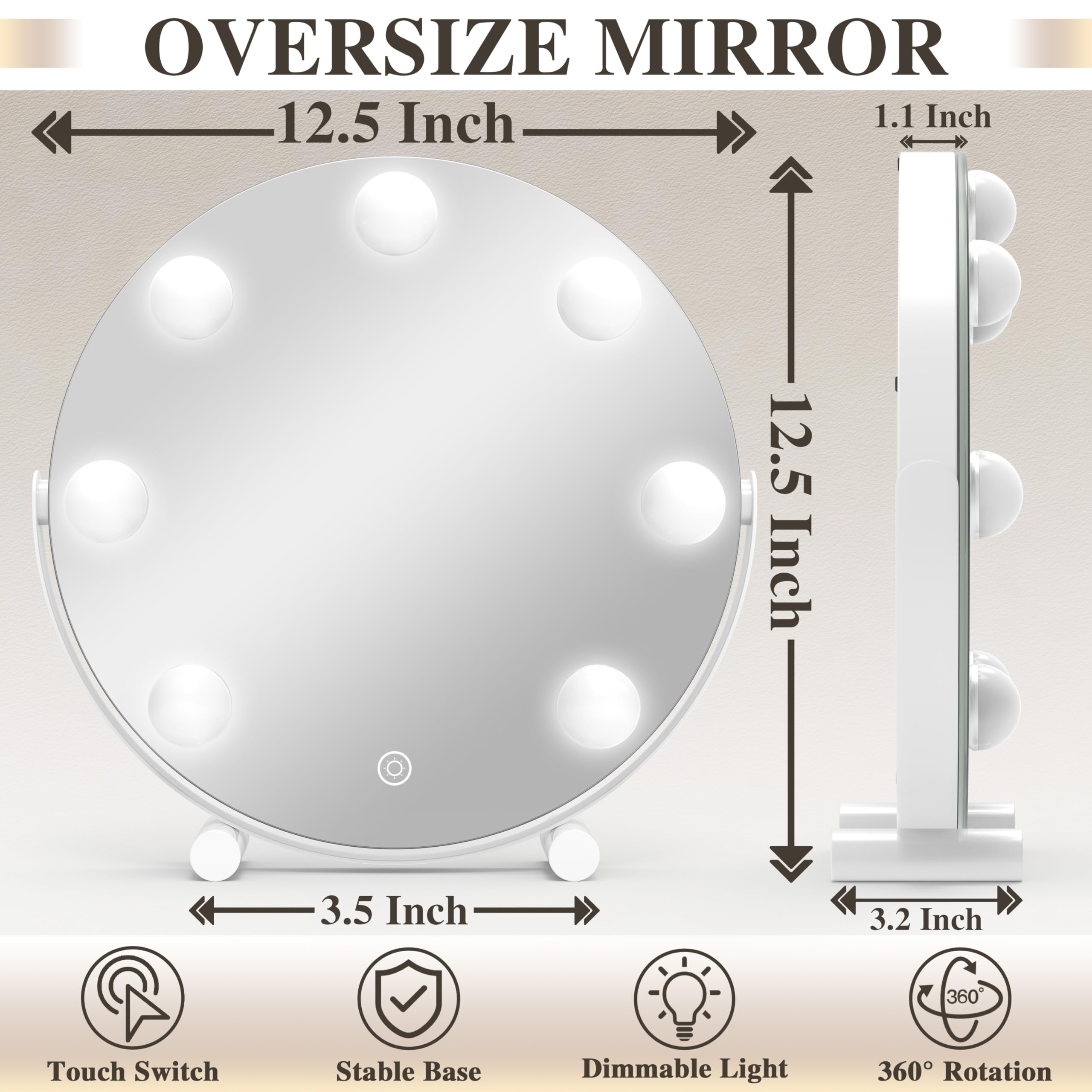ROLOVE Vanity Mirror with Lights, 12 Inch Hollywood Mirror with Lights for Makeup Desk, LED Makeup Mirror with 7 Dimmable Bulbs