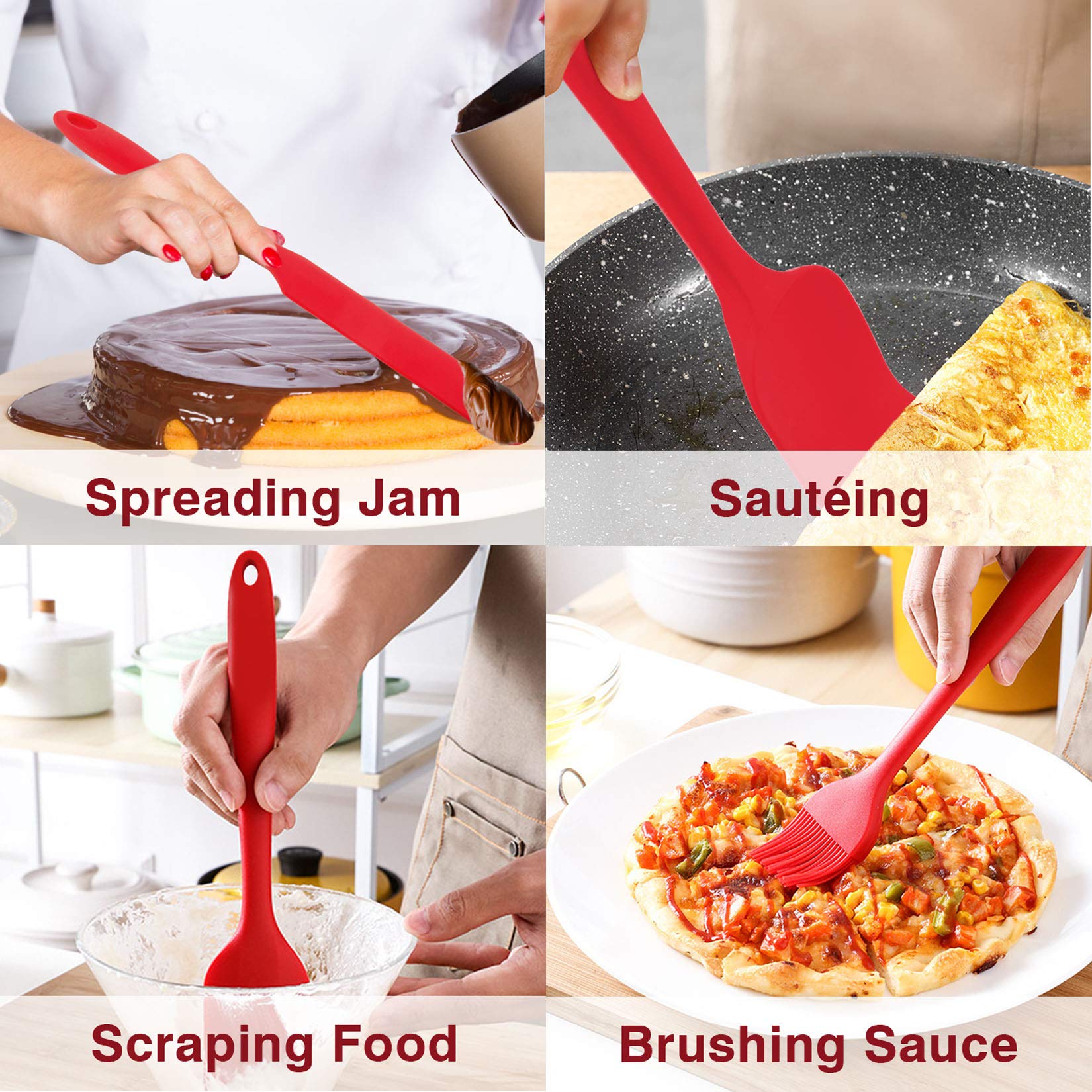 Silicone Spatula Set, P&P Chef 7 Pcs Red Heat-Resistant Rubber Spatulas Baking Utensils For Non-Stick Cookware Baking Decorating
