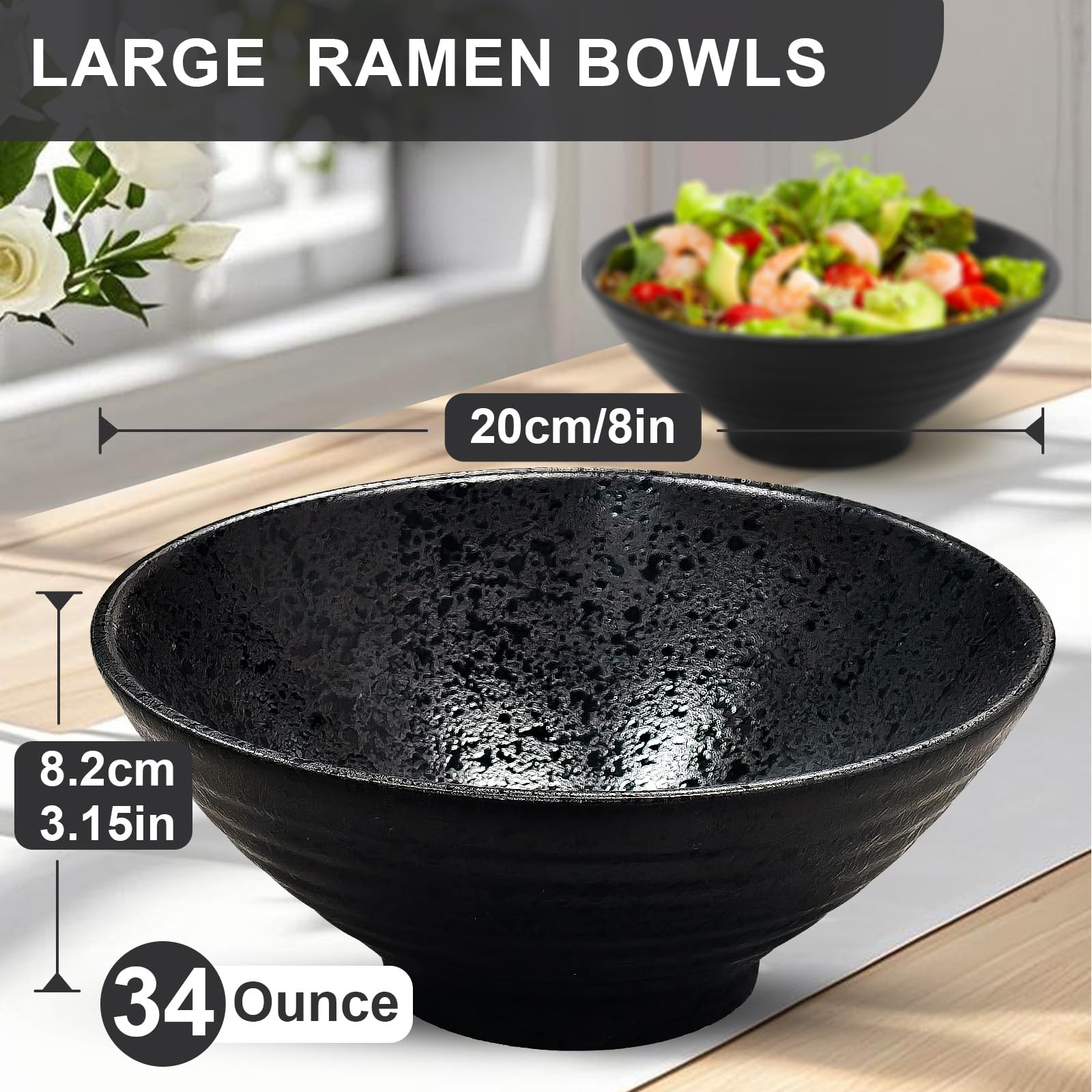 8-Inch Ceramic Ramen Bowl Set of 4 (17 Piece) - Porcelain Japanese Salad Noodles Cereal Fruit Pasta Soup Large Bowls with Recipe