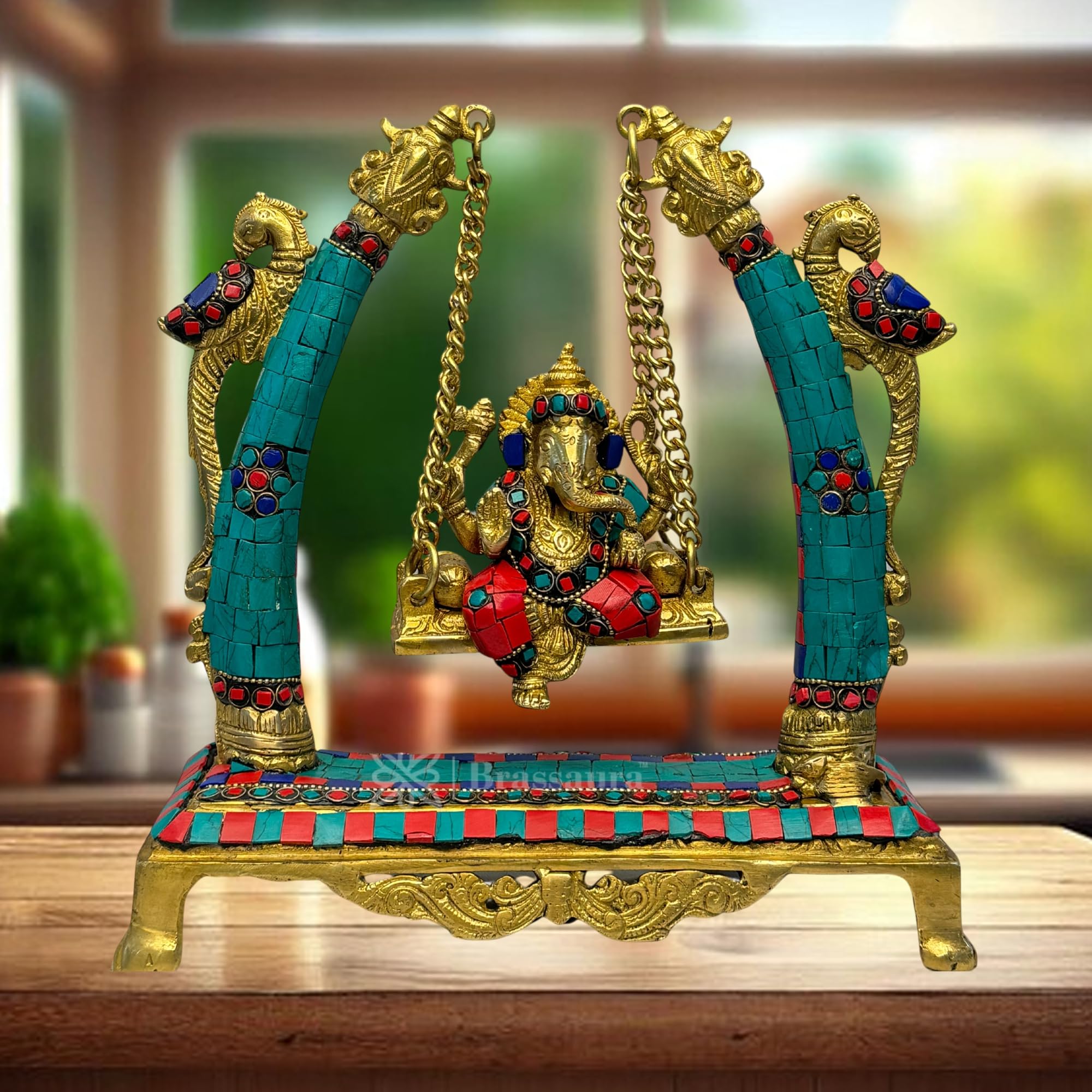 Brassaura Brass Gem Stone Work Ganesha Jhula Statue For Home And Decor Brass Ganesh Murti For Pooja Room Ganpati Idol For Home E