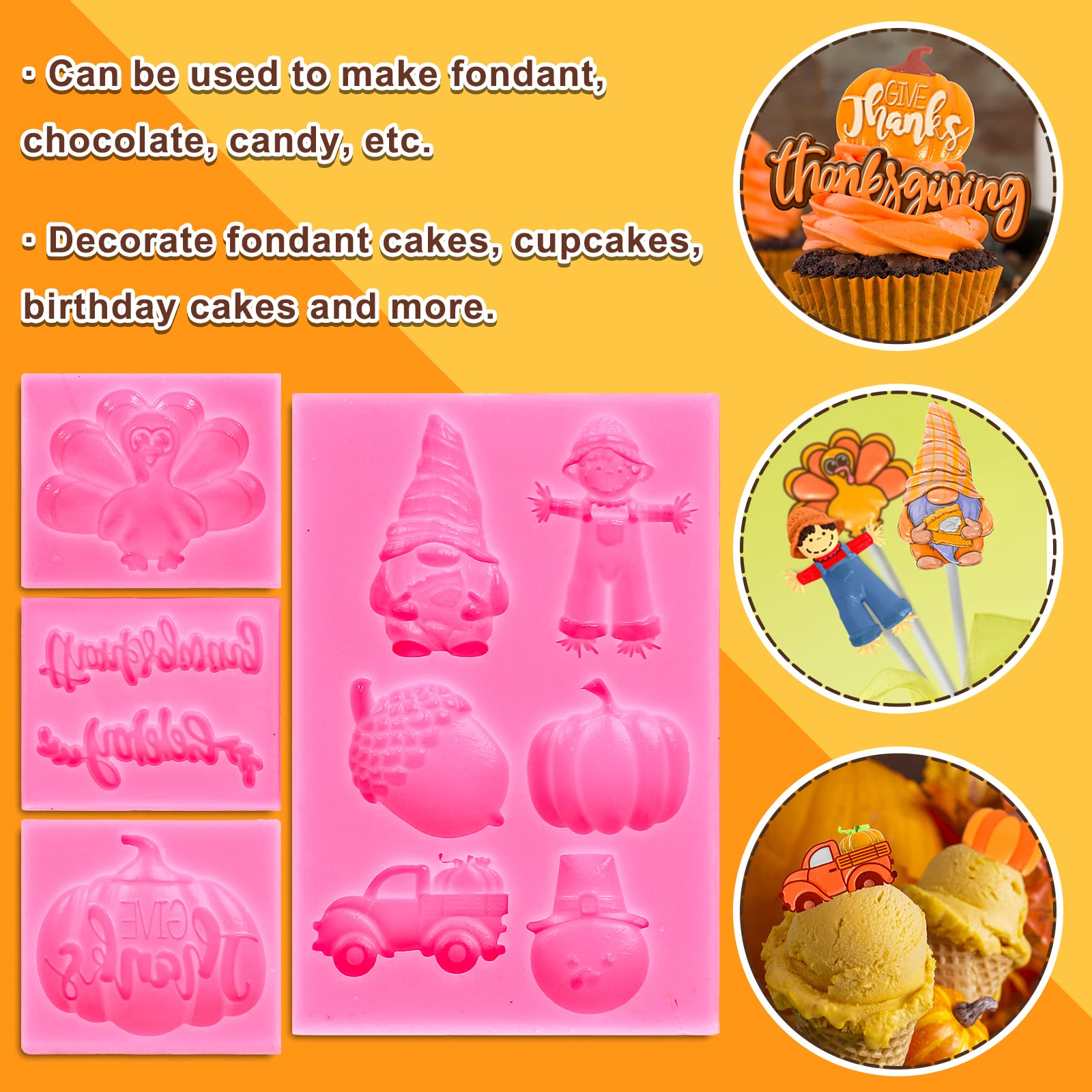 Whaline 4Pcs Happy Thanksgiving Fondant Molds Pumpkin Gnome Silicone Moulds Dwarf Truck Candy Moulds Turkey Scarecrow Cupcake Ba