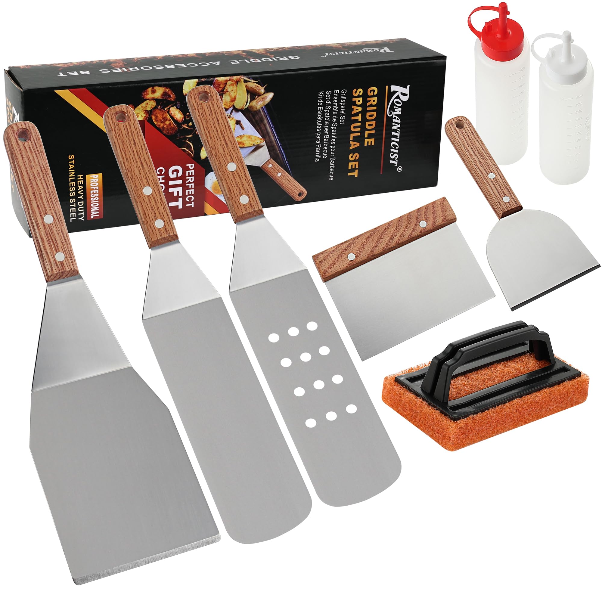 ROMANTICIST 8Pc Professional Griddle Accessories Kit - Heavy Duty Stainless Steel Grill Spatula Set for Grill Griddle Hibachi Flat Top Outdoor Cooking - Great Grill Gift on Birthday Wedding