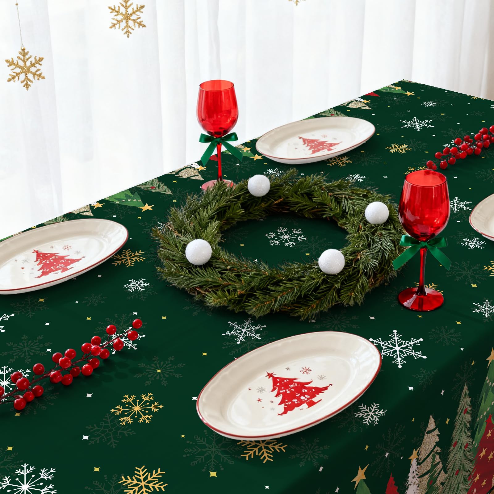 3-Piece 54 x 108 Inch Christmas Tree Plastic Tablecloth - Festive Green Holiday Disposable Table Cover for Winter Parties, Chris