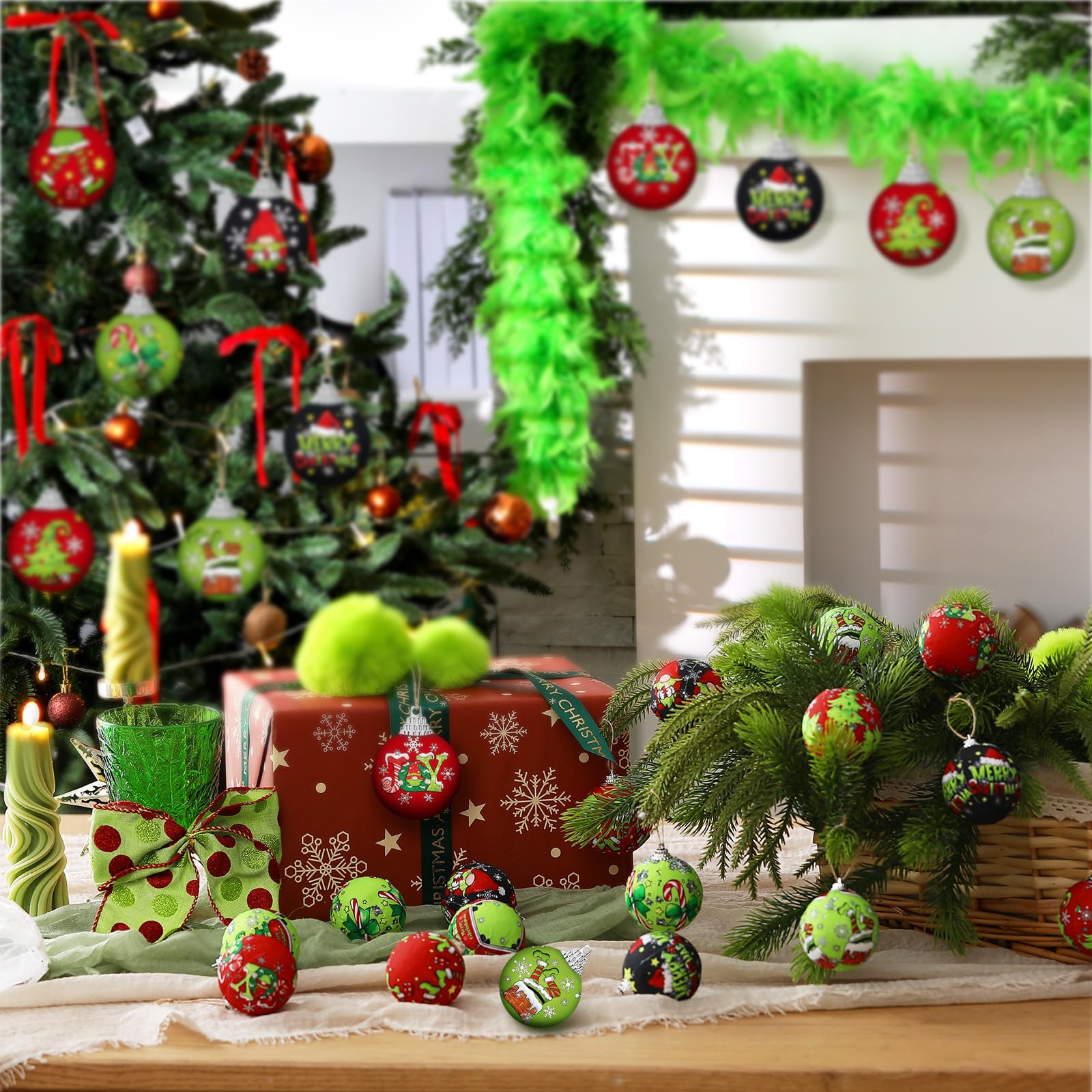 Outus 16 Pcs Christmas Ball Ornaments for Tree Red and Green Merry Christmas Hanging Ornaments Xmas Elf Balls for Tree Decoratio
