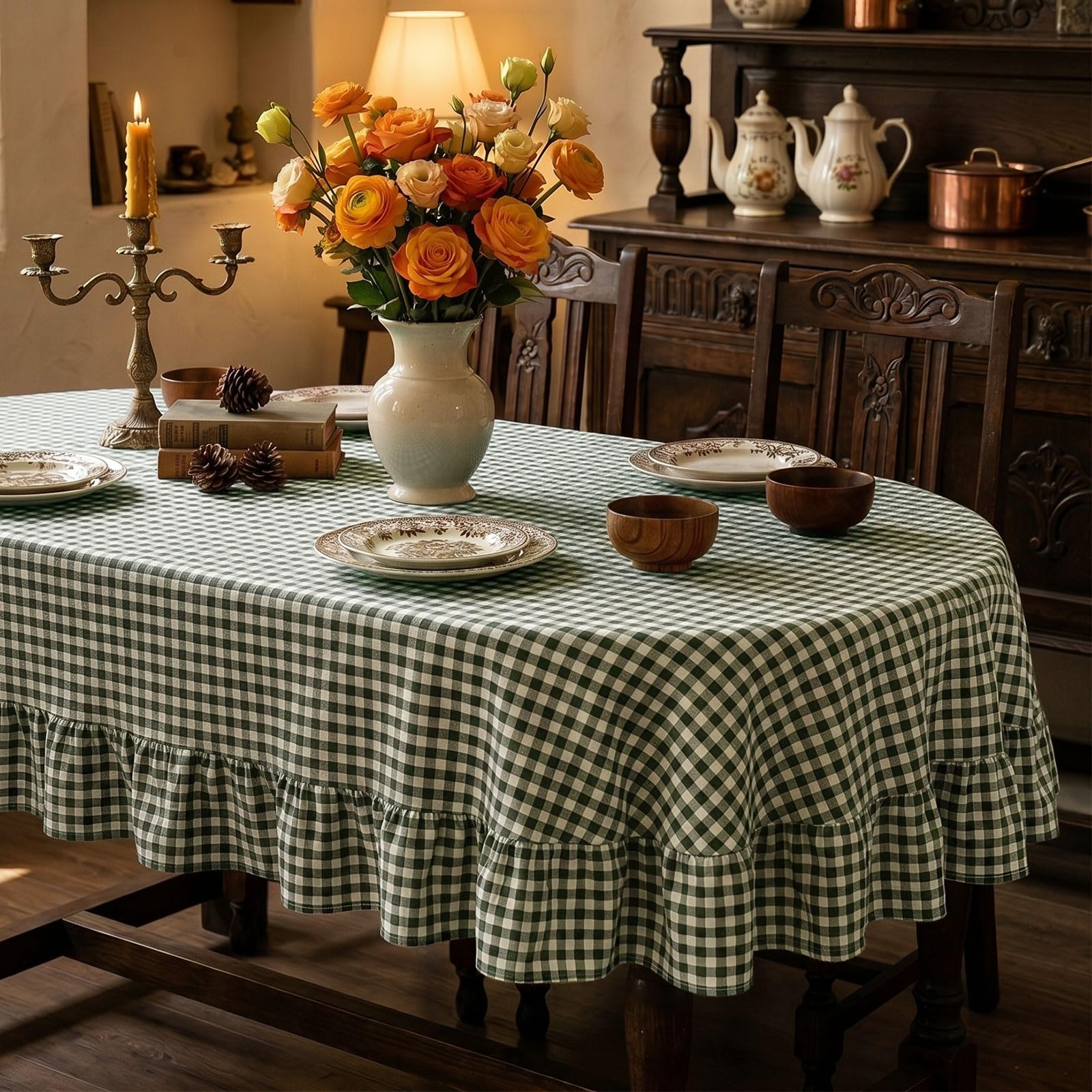 Mindsoft Green Gingham Ruffled Tablecloth 60 x 84 Inches Oval Cotton Linen Checkered Table Cloth Buffalo Plaid Farmhouse Vintage