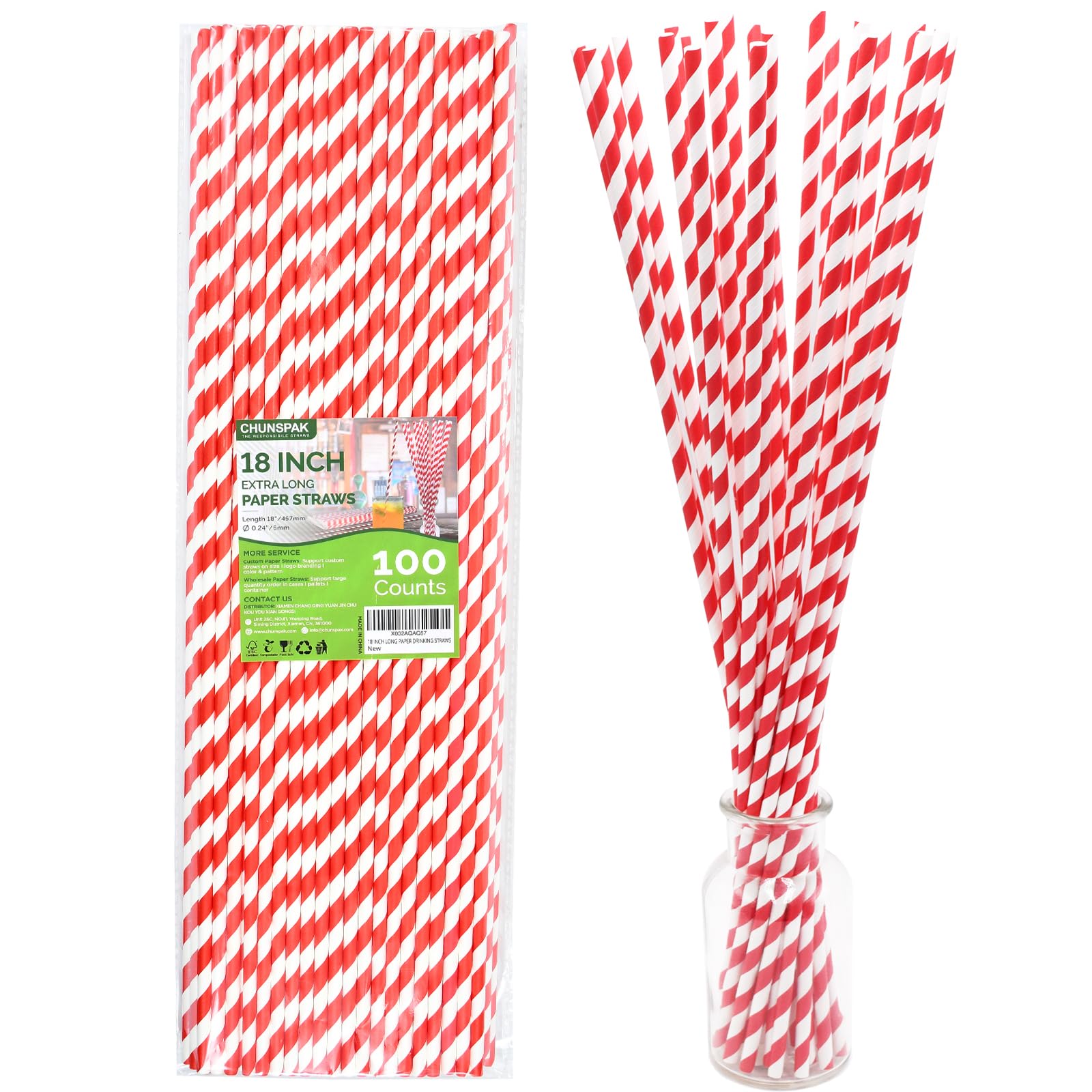 18 Inch Extra Long Paper Drinking Straws - For Large Drinks, Cotton Candy Sticks, DIY Crafts - Red, 100 Counts- 100% Biodegradab