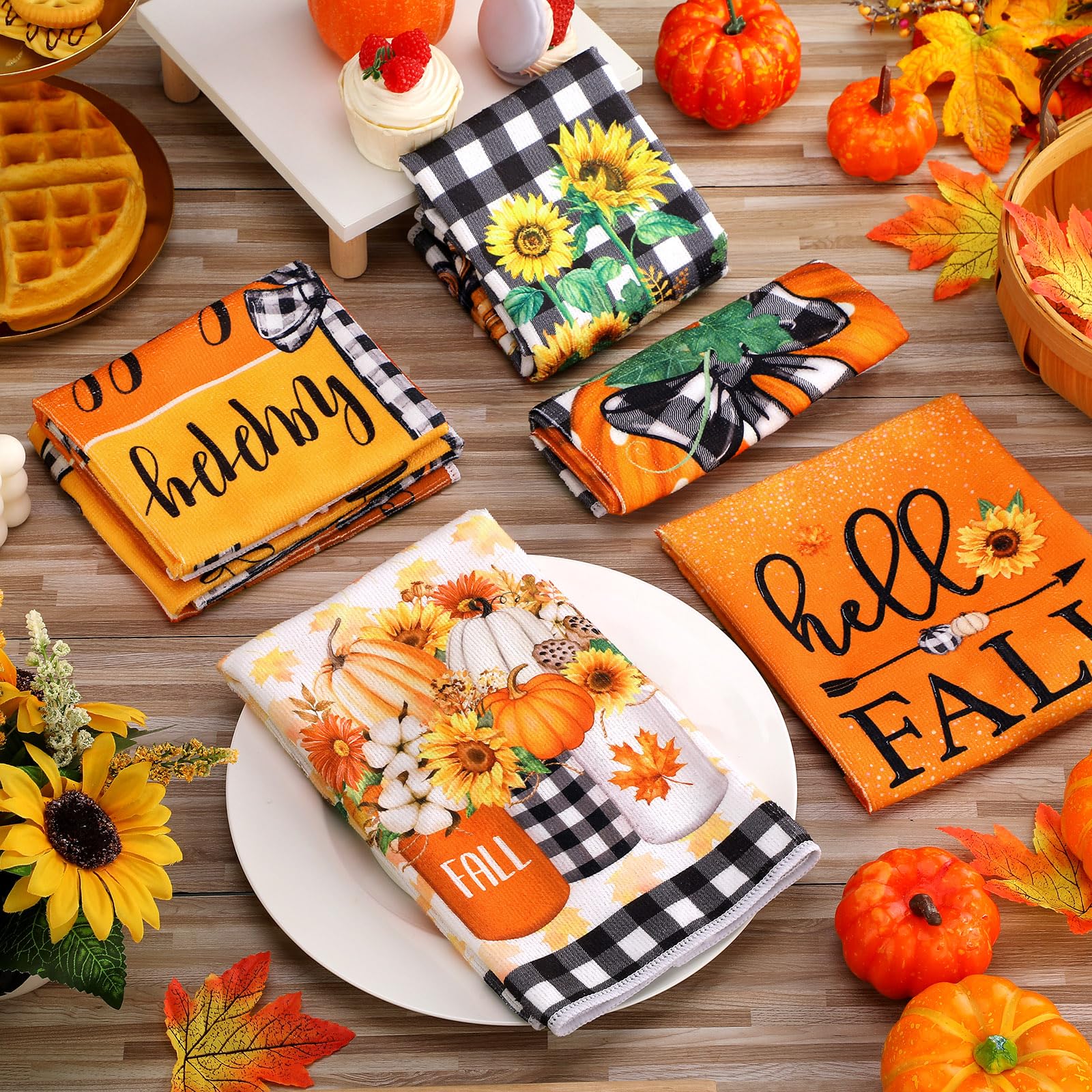 Windkream 6 Pieces Thanksgiving Kitchen Towels Pumpkin Dish Towels Buffalo Plaid Bathroom Hand Towels 21.26 x 14.17 Inches Autum