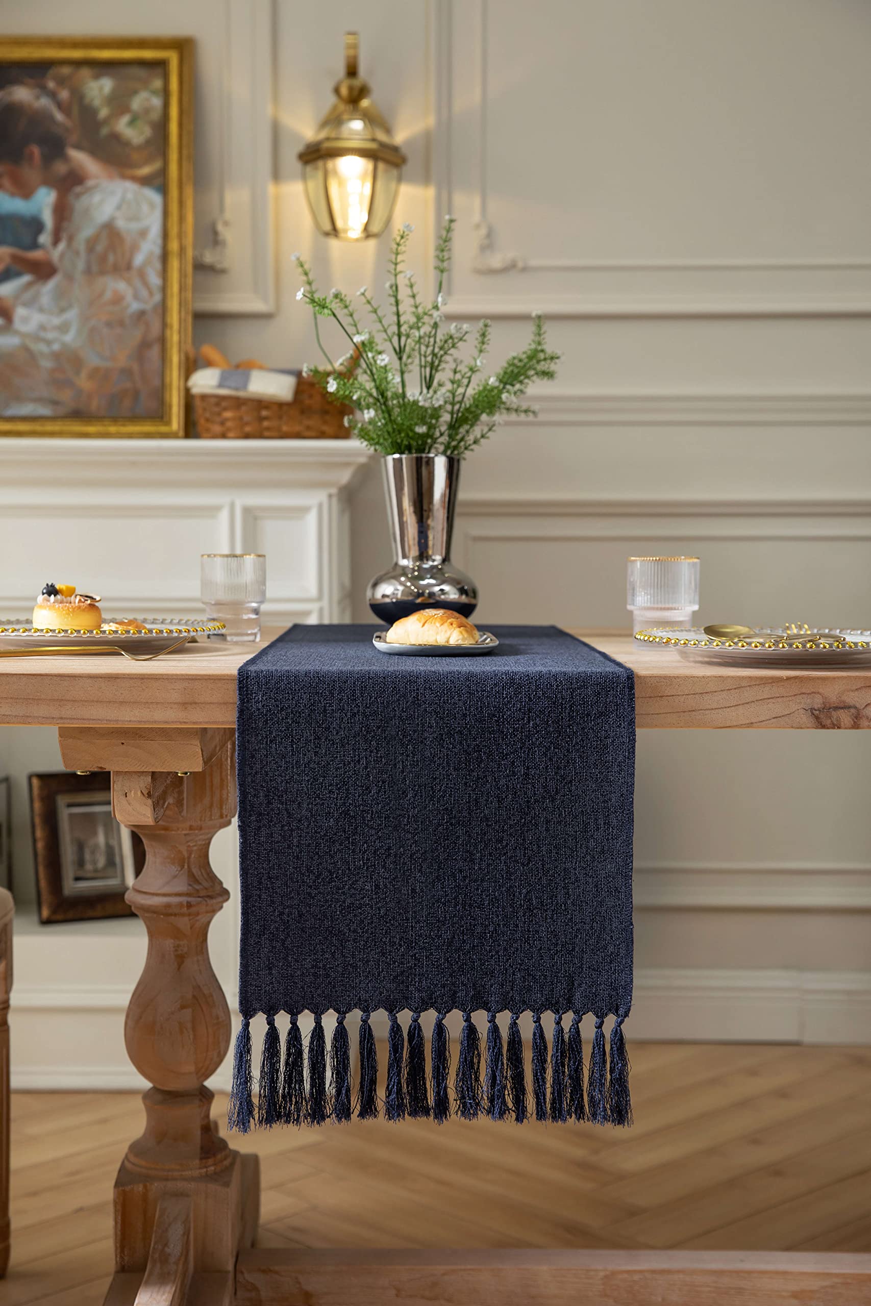 Zeemart Navy Table Runners 90 Inches Long, Burlap Linen Style Rustic Farmhouse Table Runner, Long Boho Dining Table Runner, 13X9