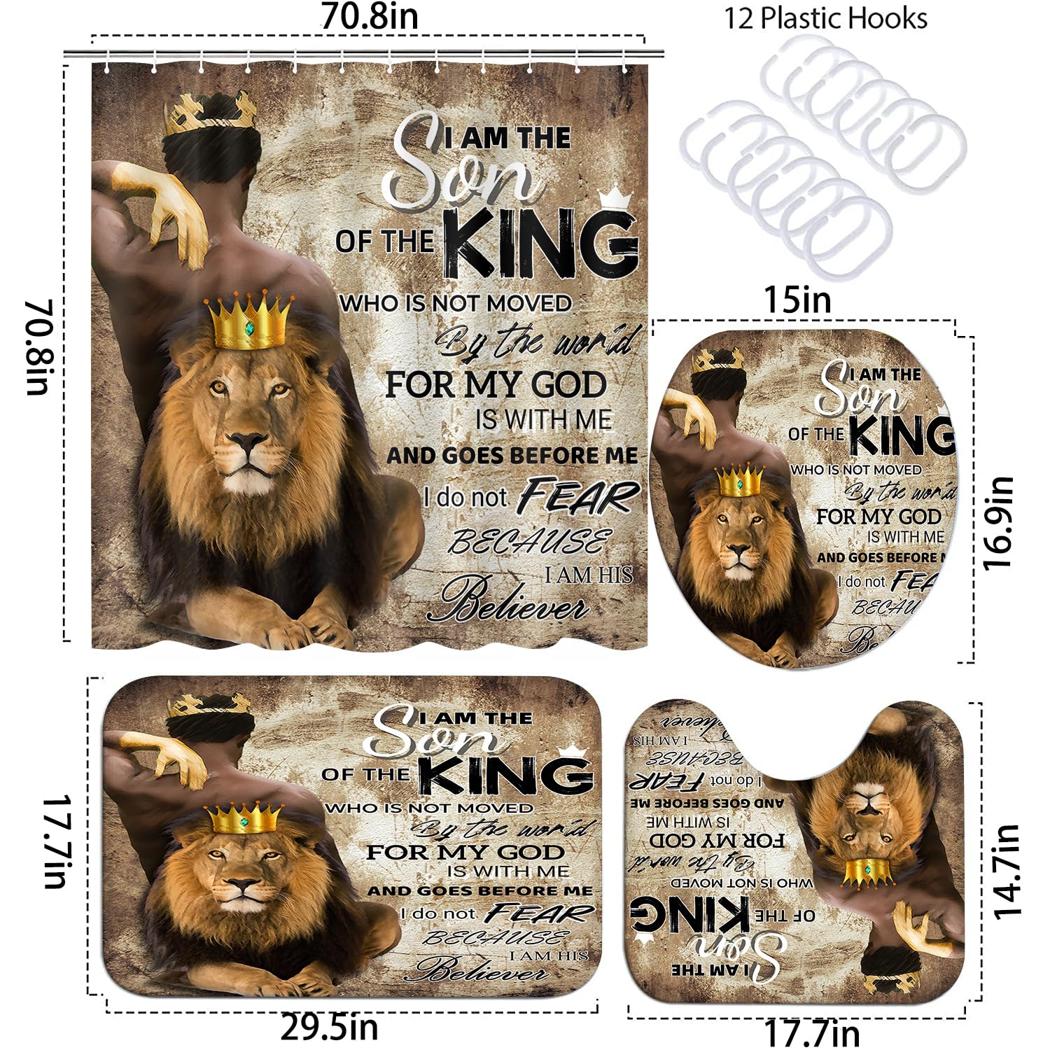 4 Pcs Lion King Shower Curtain Set, Inspirational Quote Black Man Bathroom Shower Curtains And Rugs Toilet Lid Cover Bath Mat, V