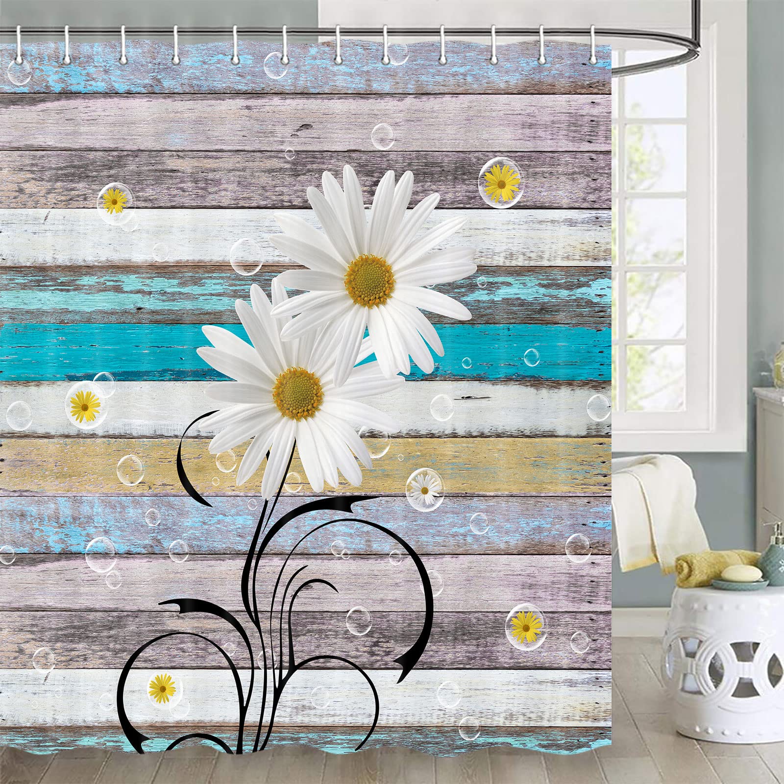 Jawo Daisy Shower Curtain, Rustic Shower Curtain, Daisy Floral On Rustic Wooden Shower Curtain Farmhouse Shower Curtain, Country