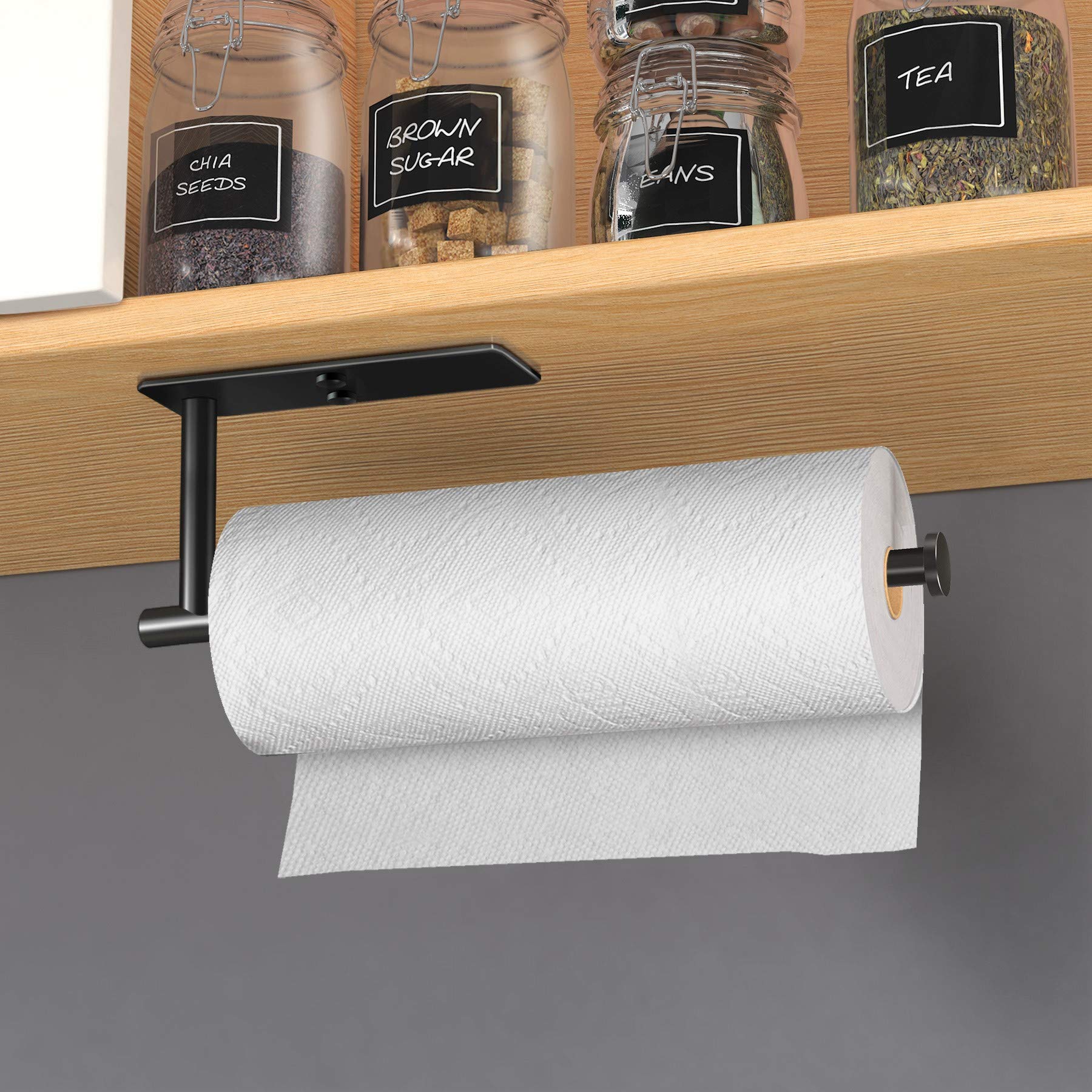 VAEHOLD Self Adhesive Paper Towel Holder Under Cabinet Mount  Wall Mount Paper Towel Roll Rack for Kitchen Cabinet  Bathroom  Wall - SUS304 Stainless Steel Black