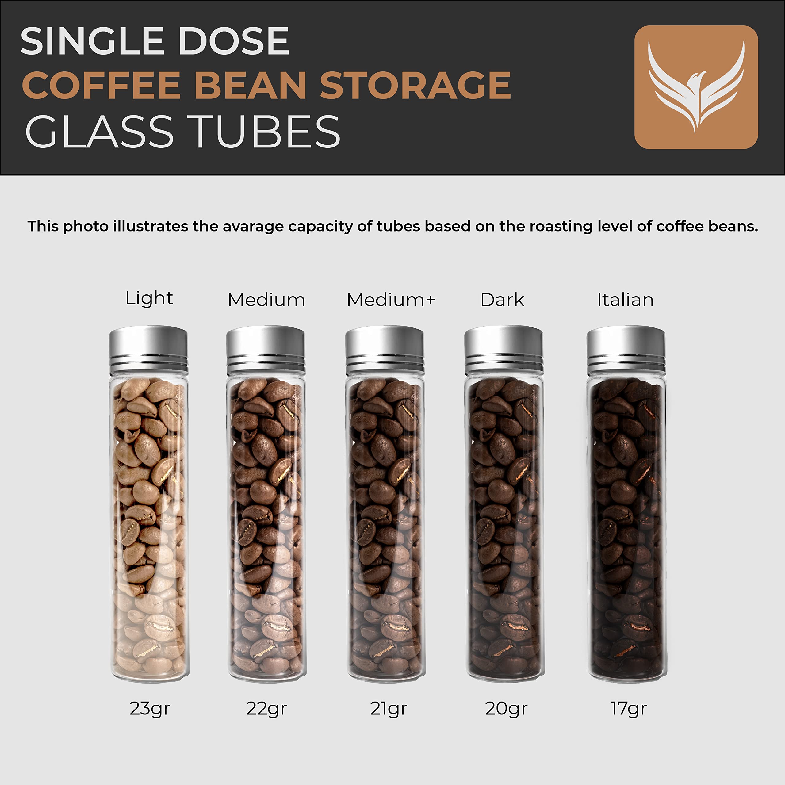 Single Dose Coffee Bean Storage Tubes Knodos Coffee Bean Cellar 10 Pcs Dosing Glass Vials With Lids (2 Oz) Wooden Display Stand