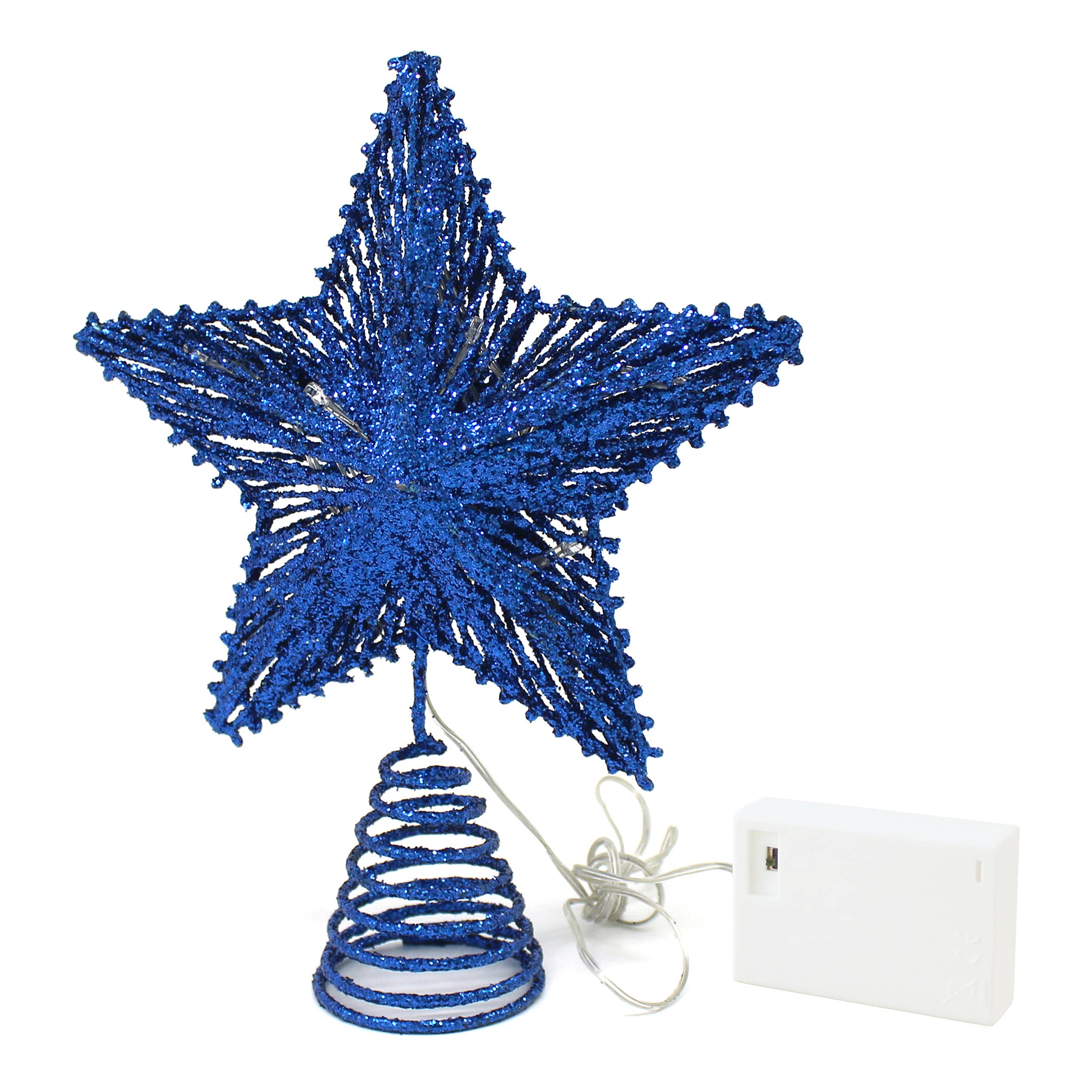 CVHOMEDECO. Blue Glittered 3D Tree Top Star with Warm White LED Lights and Timer for Christmas Ornaments and Holiday Seasonal D 