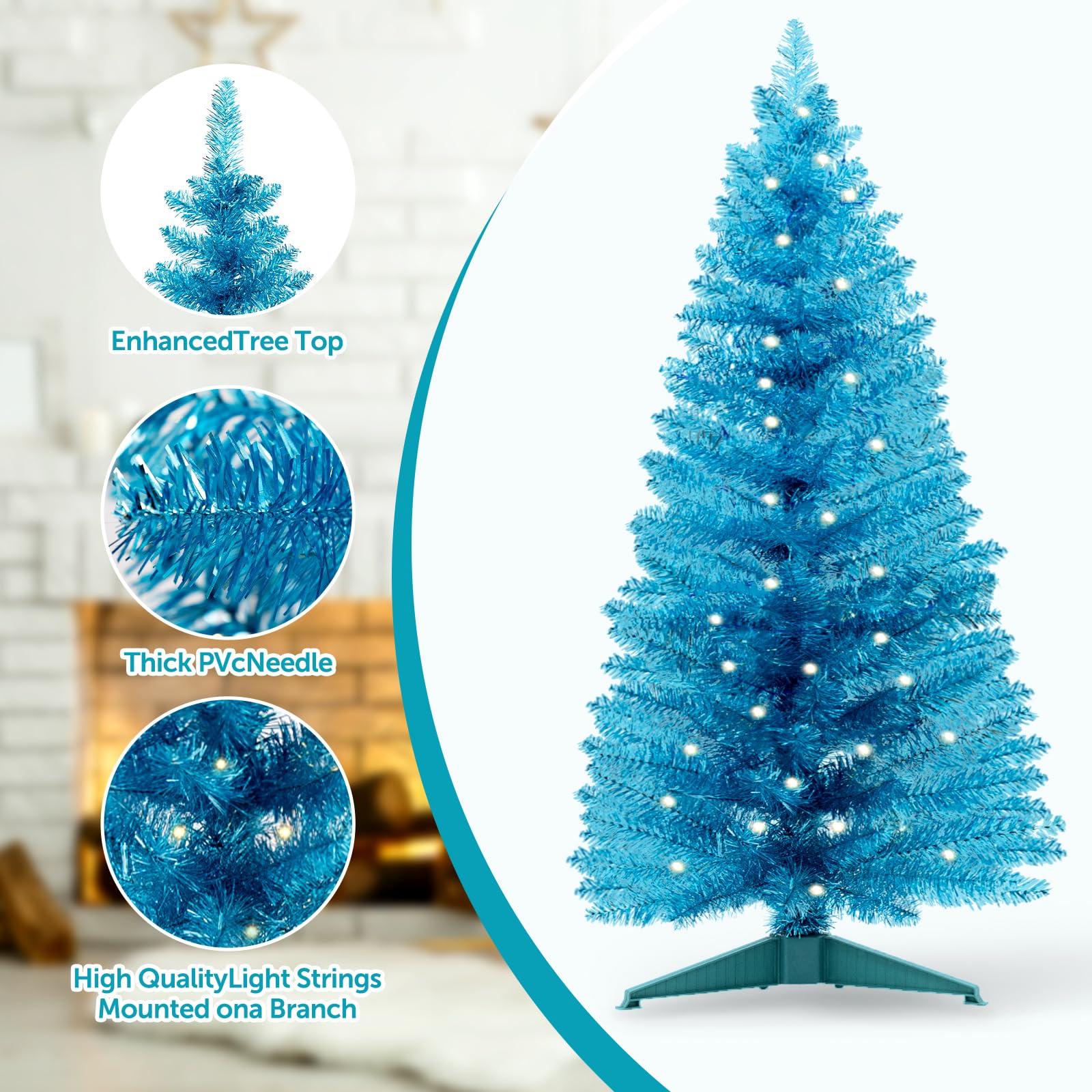 Santanelo 4ft Lighted Artificial Blue Christmas Tree,Small Snowy Artificial Xmas Tree, Not Pre-lit White Tinsel Pine Trees with