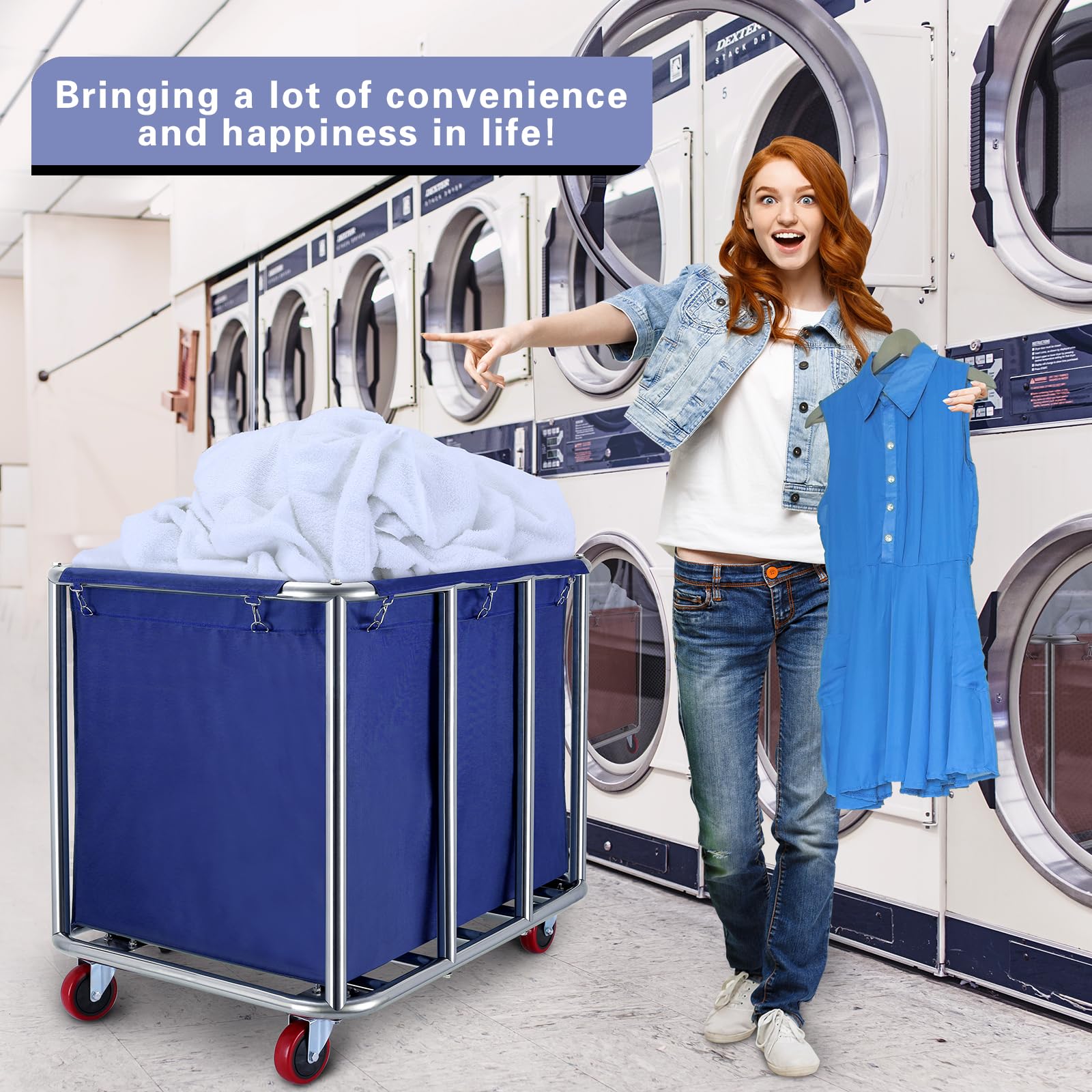 Jjsmkch Commercial Laundry Cart With Wheels, 400L Capacity, Sturdy Steel Frame, Waterproof Oxford Cloth, 330 Lbs Load, Blue