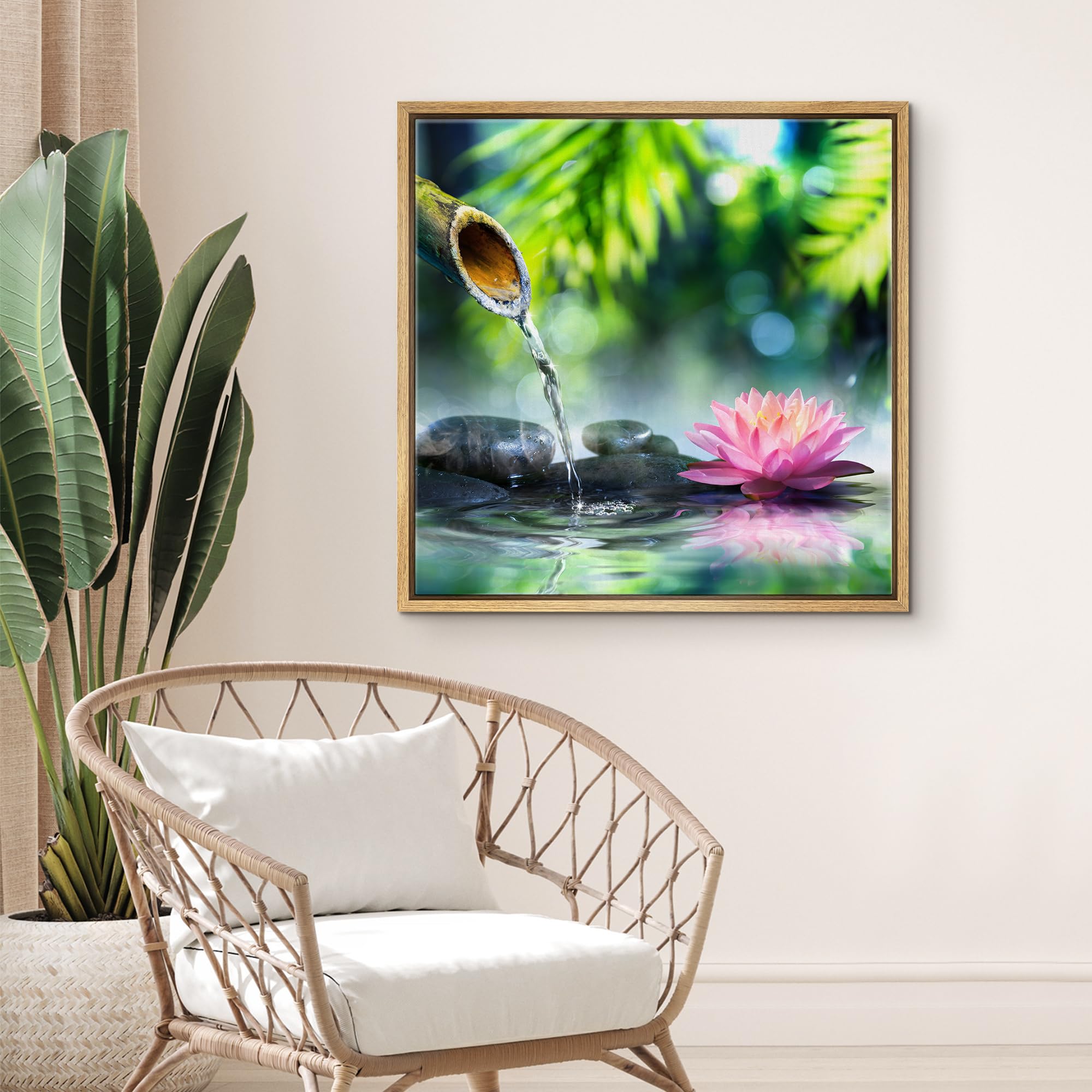 Wall26 Framed Canvas Print Wall Art Zen Garden With Bamboo And Pink Water Lily Floral Nature Digital Art Modern Art Rustic Relax
