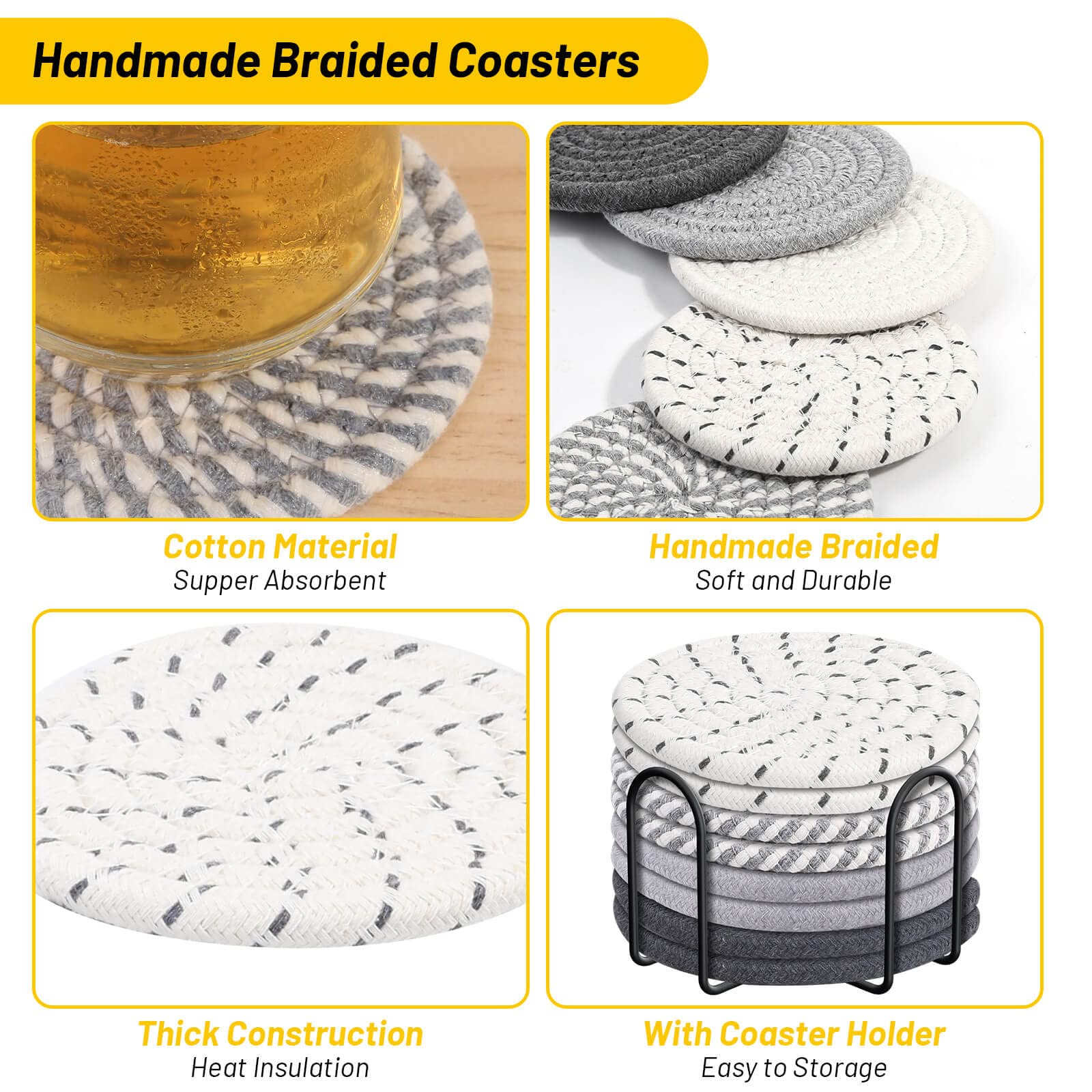 Billbotk 10 Pieces Coasters For Drink Absorbent, 5 Colors Drink Coasters With Holder, Woven Coasters Set For Coffee Table, Woode