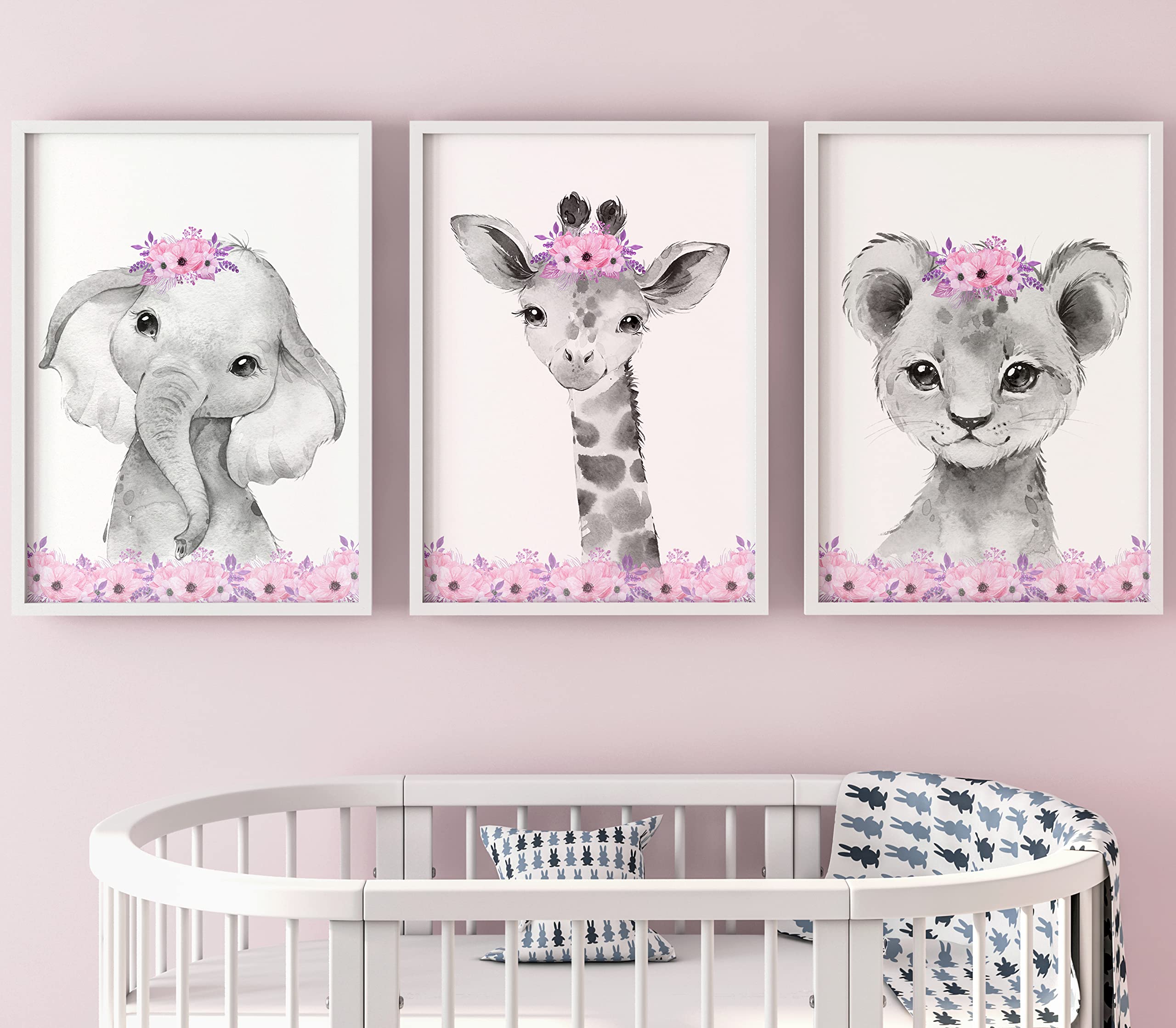 Safari Animals Baby Girls Nursery Set Of 3 Unframed Wall Art Prints, Gray Baby Animals With Pink Flowers, Child Bedroom Nursery