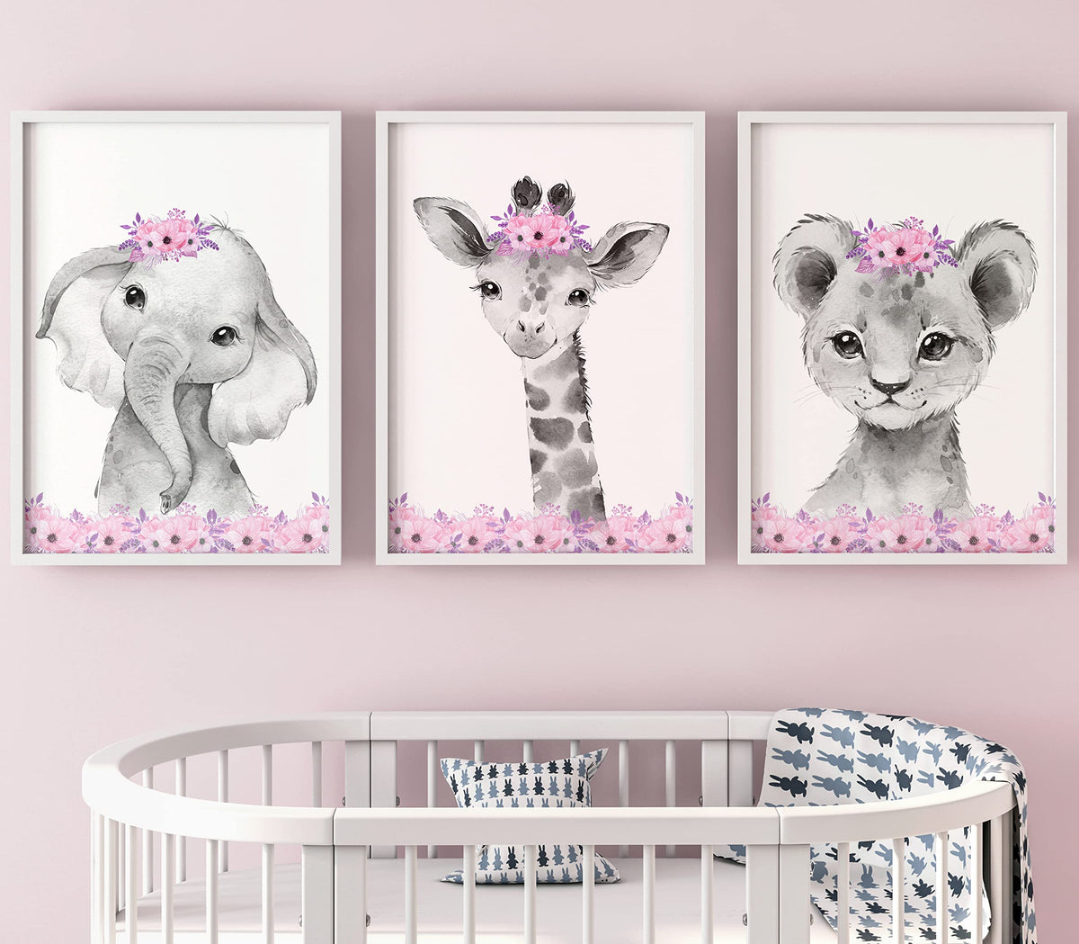 Safari Animals Baby Girls Nursery Set Of 3 Unframed Wall Art Prints, Gray Baby Animals With Pink Flowers, Child Bedroom Nursery