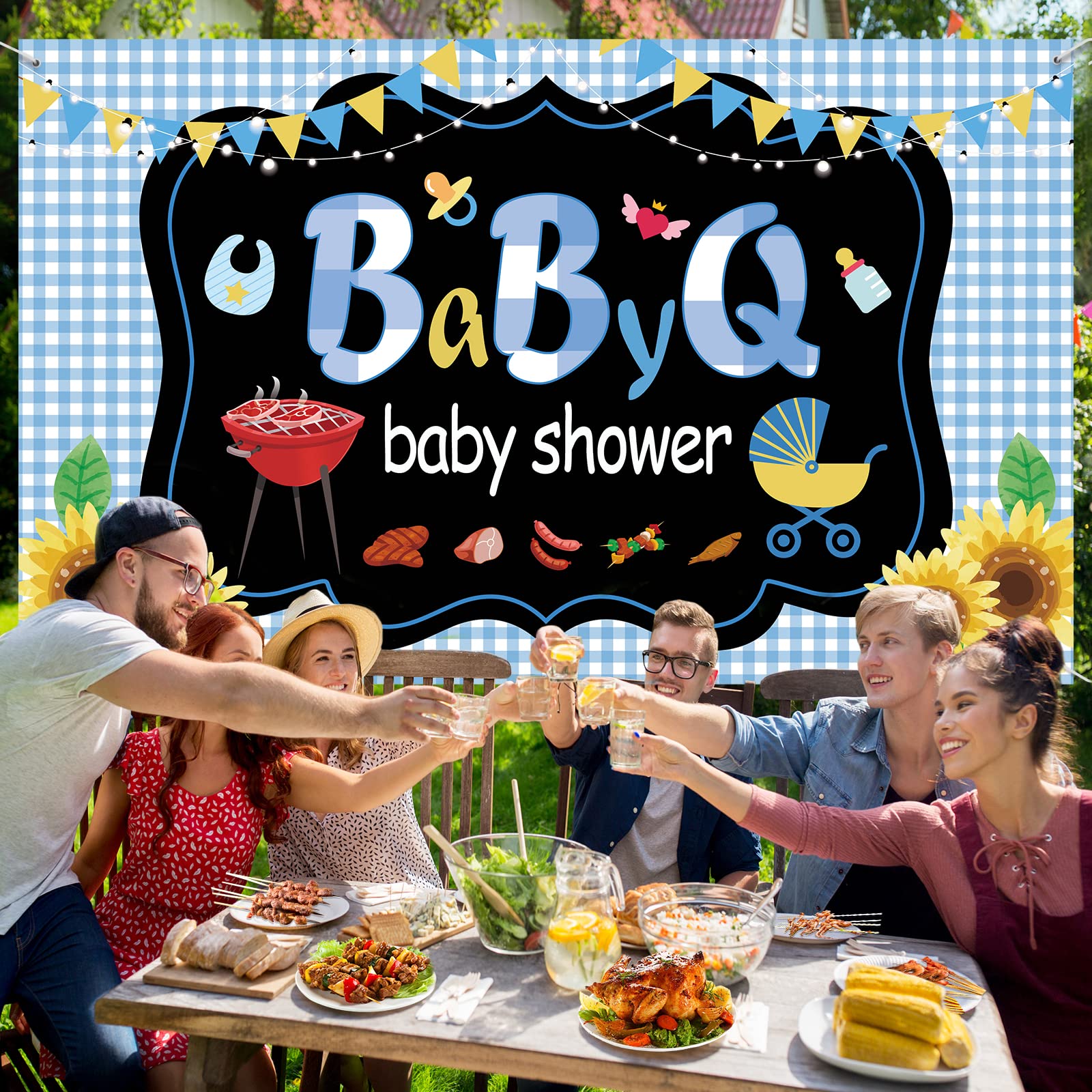 IPonfees Large Size BBQ Baby Shower Backdrop, 71x43 Inch Blue Vinyl Banner, Includes 236 Rope, Perfect for Baby Shower, Birthd