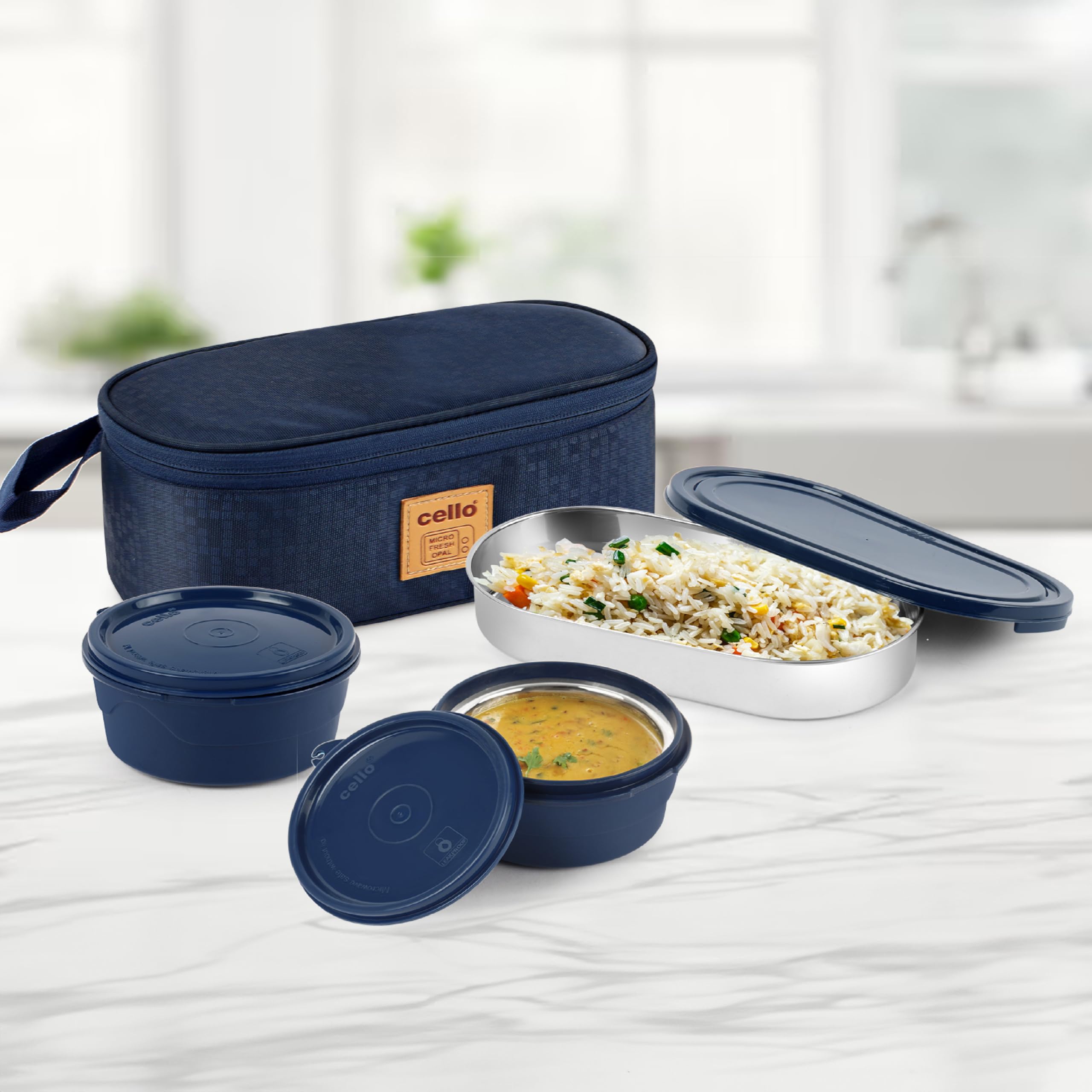 Cello Mf Micro Deck Lunch Box Set With Carry Bag, Blue | Set Of 2 X 375Ml Microwave Safe Inner Steel Containers + 1 Steel Contai