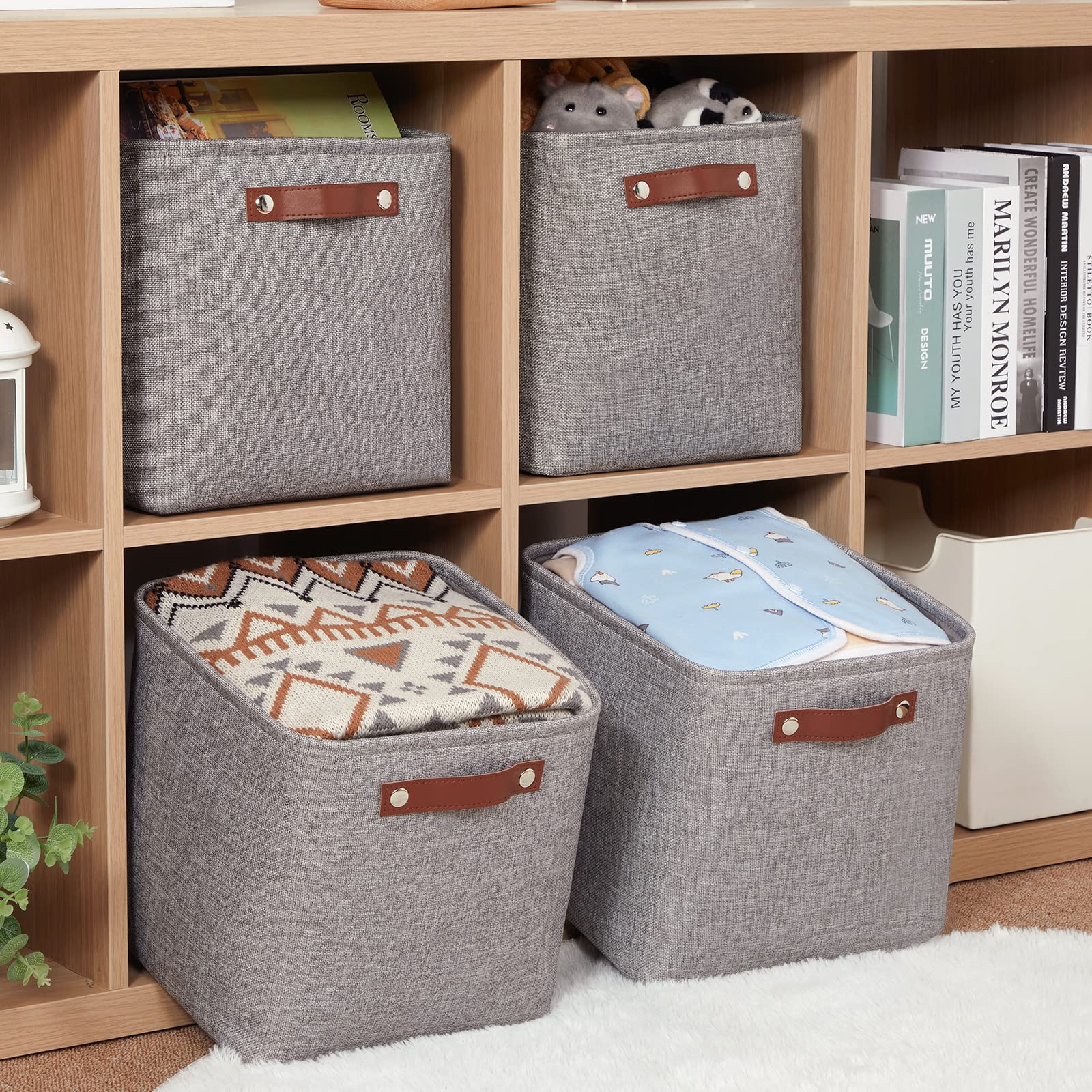 HNZIGE Collapsible Storage Basket (4Pack) Cube Storage Baskets for Organizing Shelves Fabric Baskets for Storage 11x11 Storage Basket for Dog Toys Closet Book Clothes Storage with Handles(Grey)