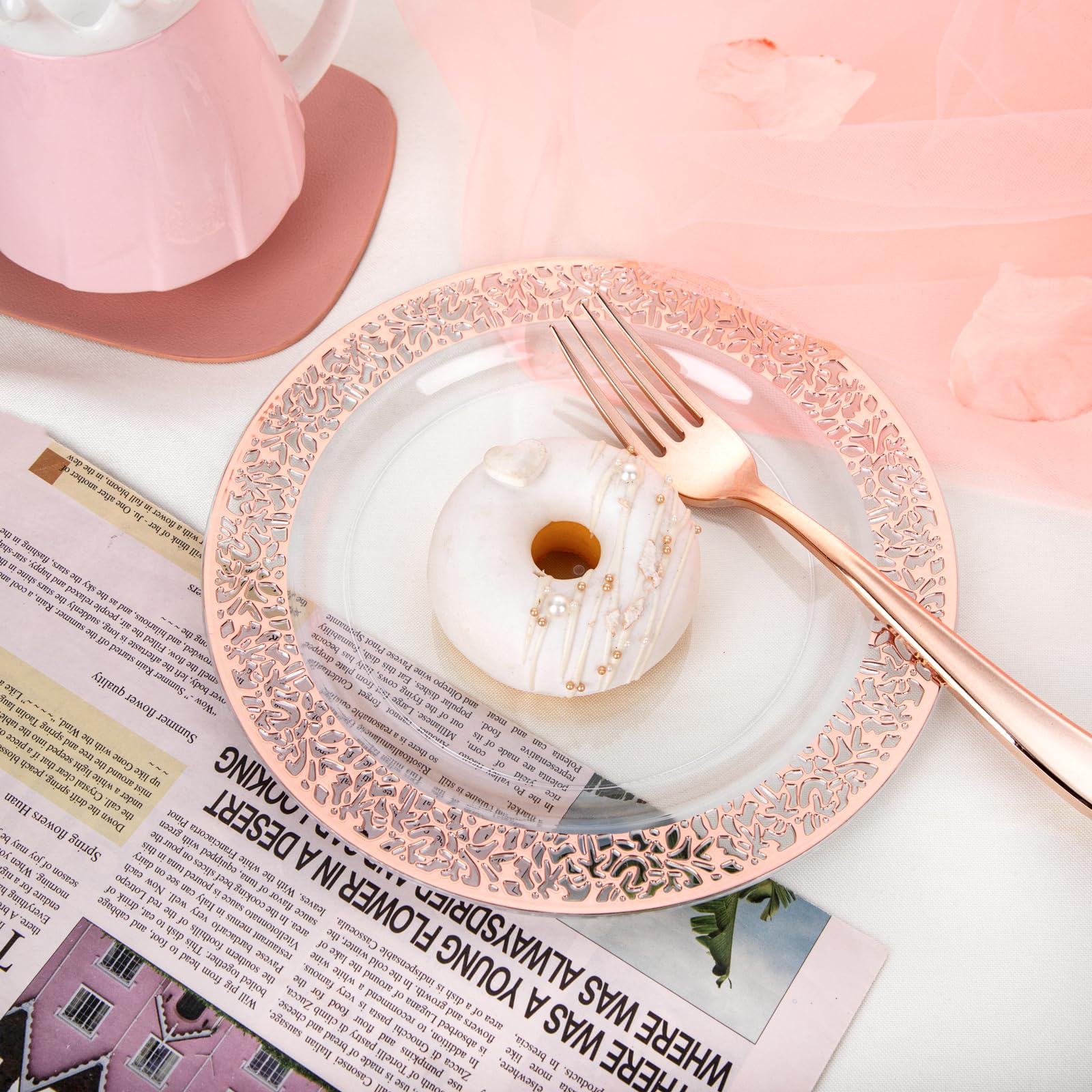 I00000 72 Pieces Rose Gold Dessert Plates 7.5'' & 72 Pieces Disposable Forks 7.4''  Clear Lace Design Plastic Salad Plates  BPA Free Appetizer Plates for all Holidays & Occasions & Party