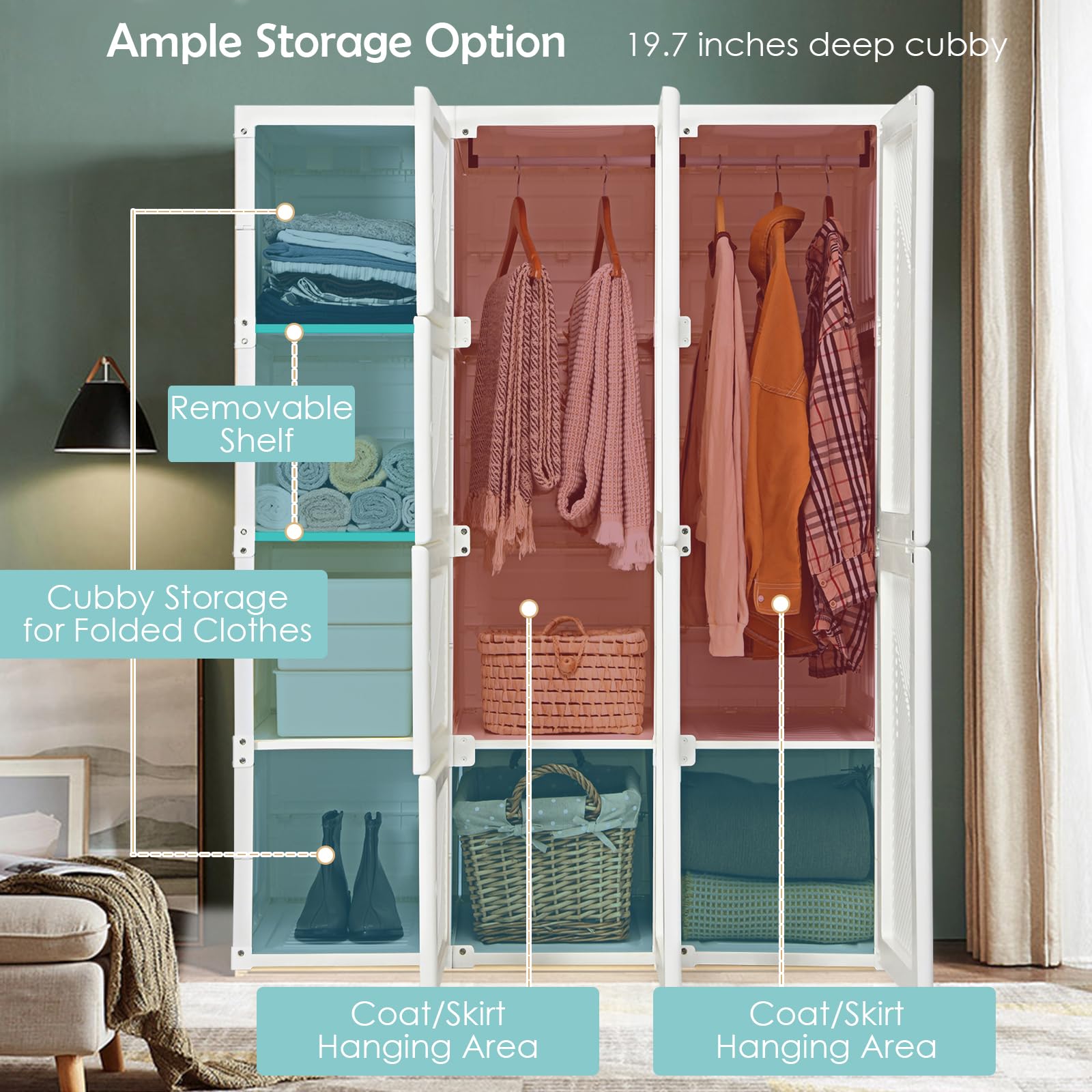 Tangkula Portable Closet Wardrobe, Foldable Clothes Organizer With Cubby Storage, Hanging Rods, Easy Assemble Clothing Storage W