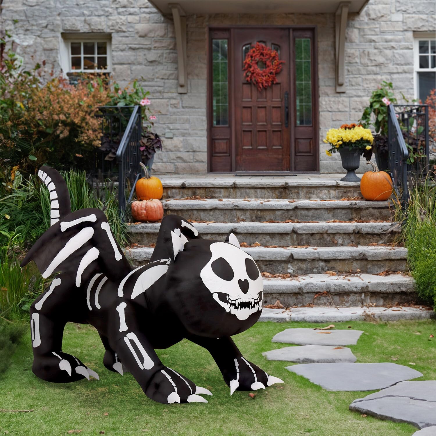 Haunted Hill Farm 5.9-ft. Wide Skeleton Cat Blow Up with Lights, Halloween Inflatable Outdoor Decorations for Patio and Yard, Gi