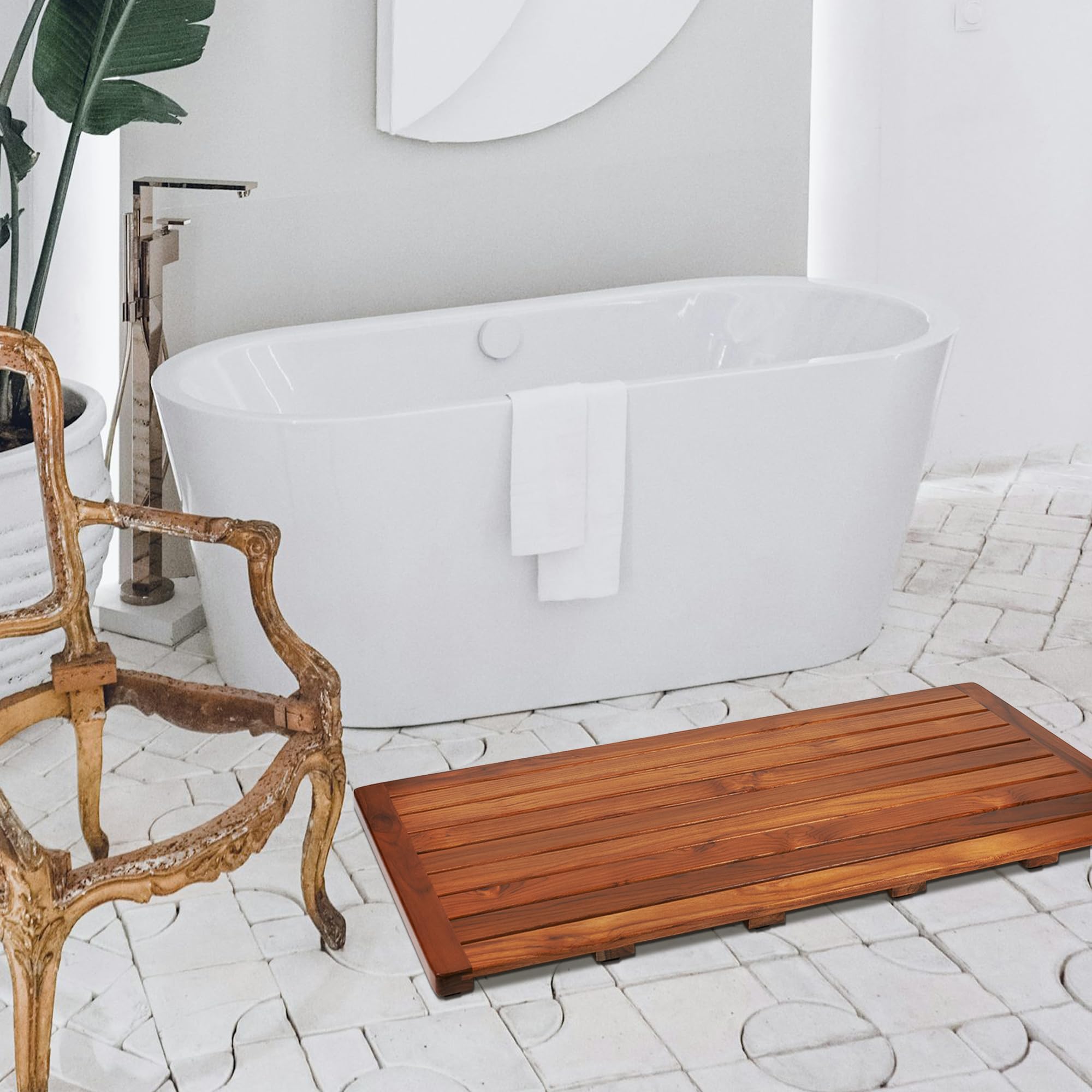 Utoplike Teak Bath Mat, Shower Mat Wood For Bathroom, (40''X18'') Wooden Floor Mat Square Extra Large For Spa Home Or Outdoor