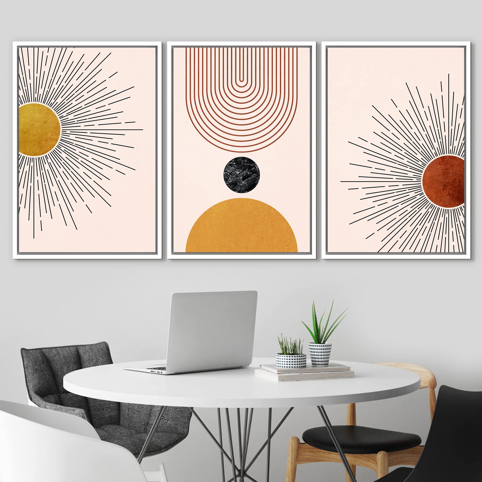 Idea4Wall Framed Canvas Print Wall Art Set Mid-Century Geometric Solar Sun Space Planets Abstract Shapes Illustrations Minimalis