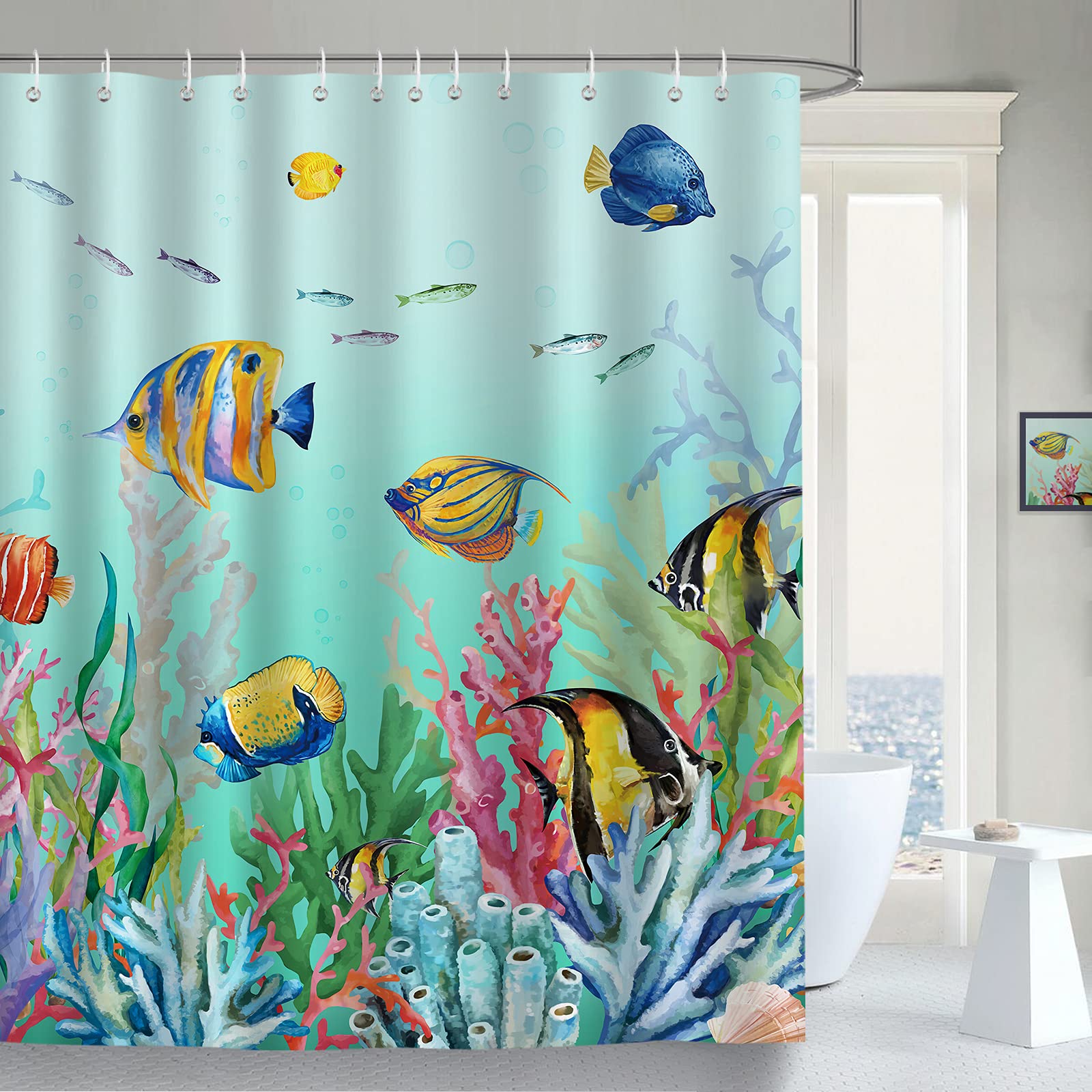 Bonhause Ocean Fish Shower Curtain for Kids Tropical Fish Coral Underwater Blue Decorative Bath Curtain 72 x 72 Inch Polyester Fabric Waterproof Bathroom Curtain with 12 Hooks