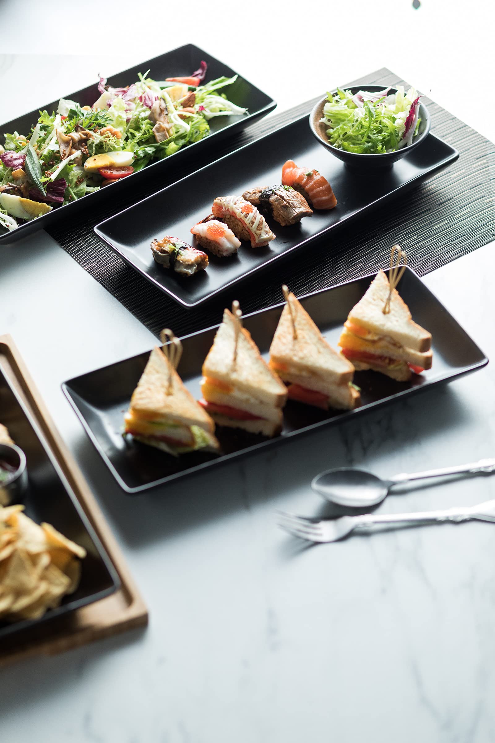 LAUCHUH Serving Platters for Entertaining Large Rectangular Serving Dinner Dish 14 Inches Plate Tray For Wedding Thanksgiving Party Food Dessert Sushi and Appetizers Set of 4  Black