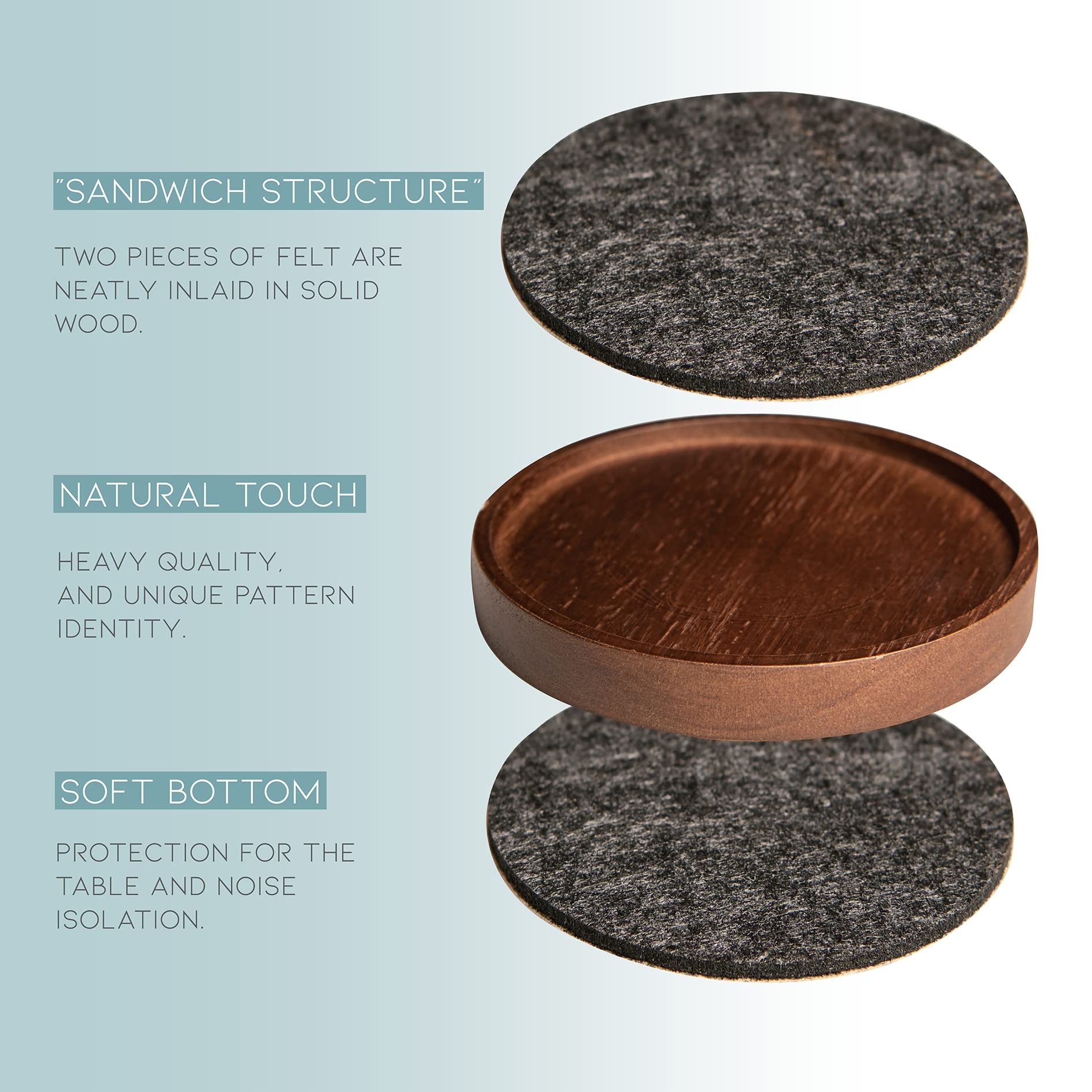 Wood Coaster For Drinks, 4.3 Inch, Set Of 6, Absorbent And Insulation Felt Stackable Cup Holders, Coasters For Wooden Table, Des