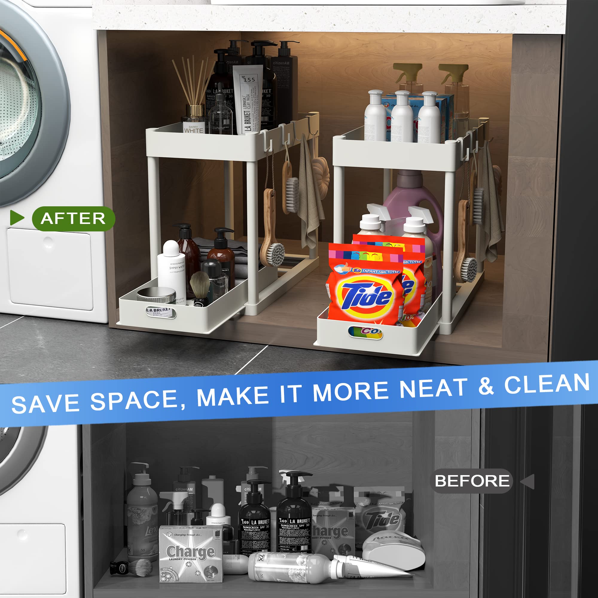 2Pcs Under Sink Organizer Kitchen Bathroom Storage Cabinet 2 Tier Sliding Drawer Counter Organization Shelf Storage Drawers Rack