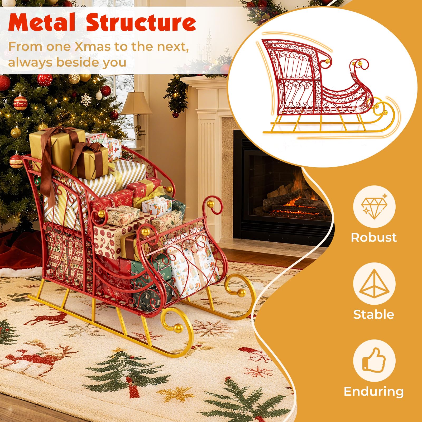 Tangkula Metal Christmas Santa Sleigh Basket, 2-Tier Red Xmas Santa s Gift Storage Sleigh with Large Cargo Area, Festive Decorat