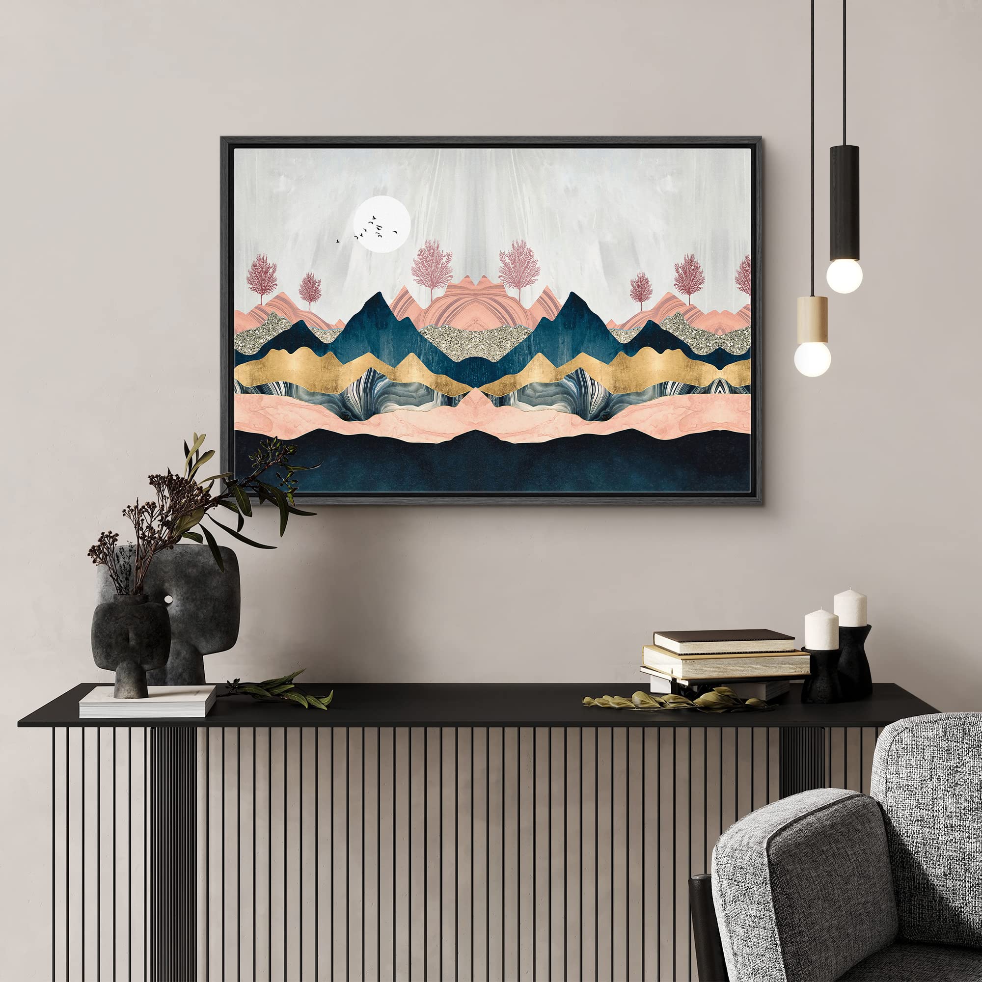 Signford Framed Canvas Print Wall Art Symmetrical Pink & Gold Marble Landscape Abstract Wilderness Illustrations Modern Art Rust