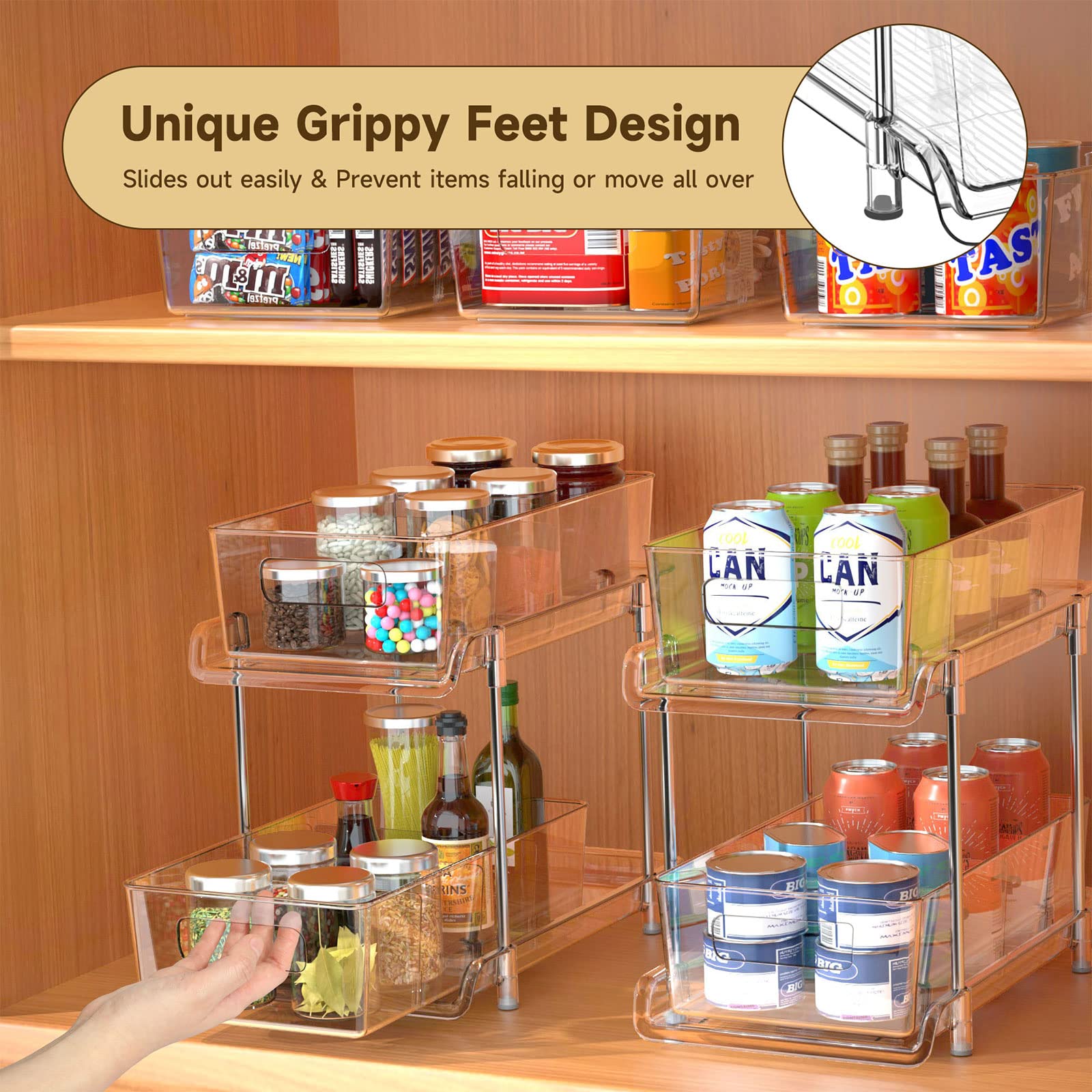 Hihegd 2 Tier Bathroom Storage Organizer With Dividers, Clear Under Sink Organizers And Storage Pull Out Cabinet Organizer For B
