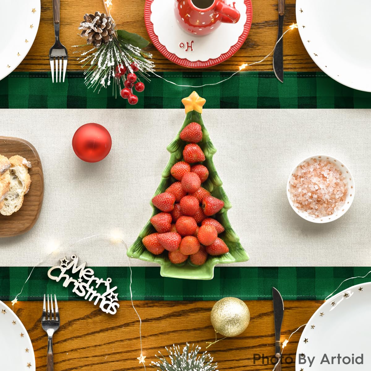 Artoid Mode Green Buffalo Plaid Xmas Trees 2Pcs Merry Christmas Table Runner, Seasonal Winter Holiday Table Decoration For Home