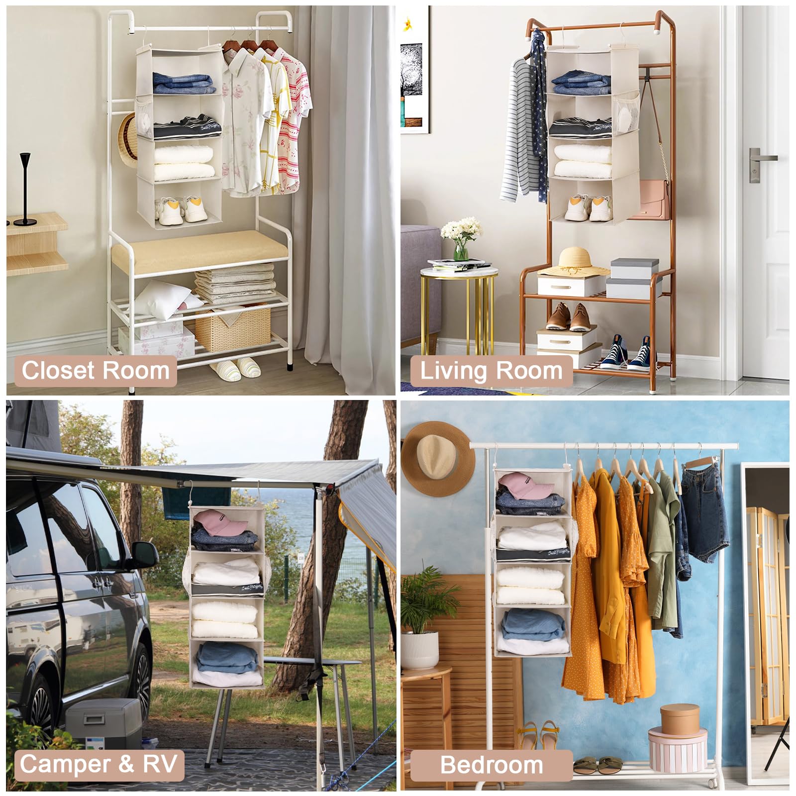 Max Houser 4 Tier Shelf Hanging Closet Organizer, Closet Hanging Shelf With 2 Sturdy Hooks For Storage,2 Pack, Foldable (Beige)